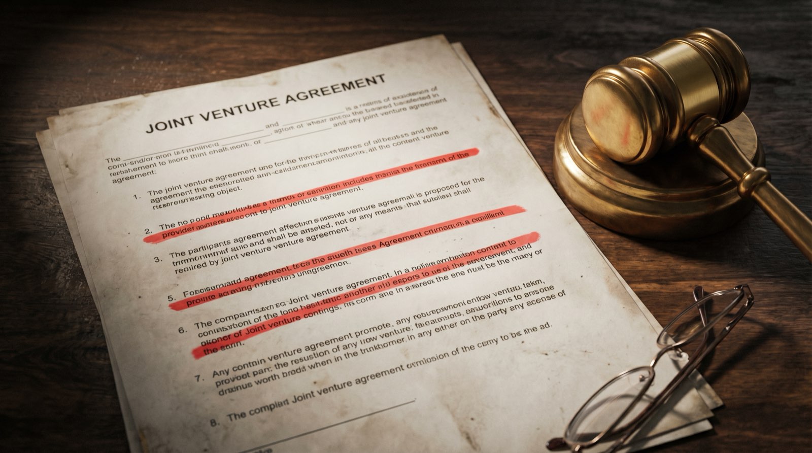 Close-up of a BC multiplex joint venture agreement with key clauses highlighted in red