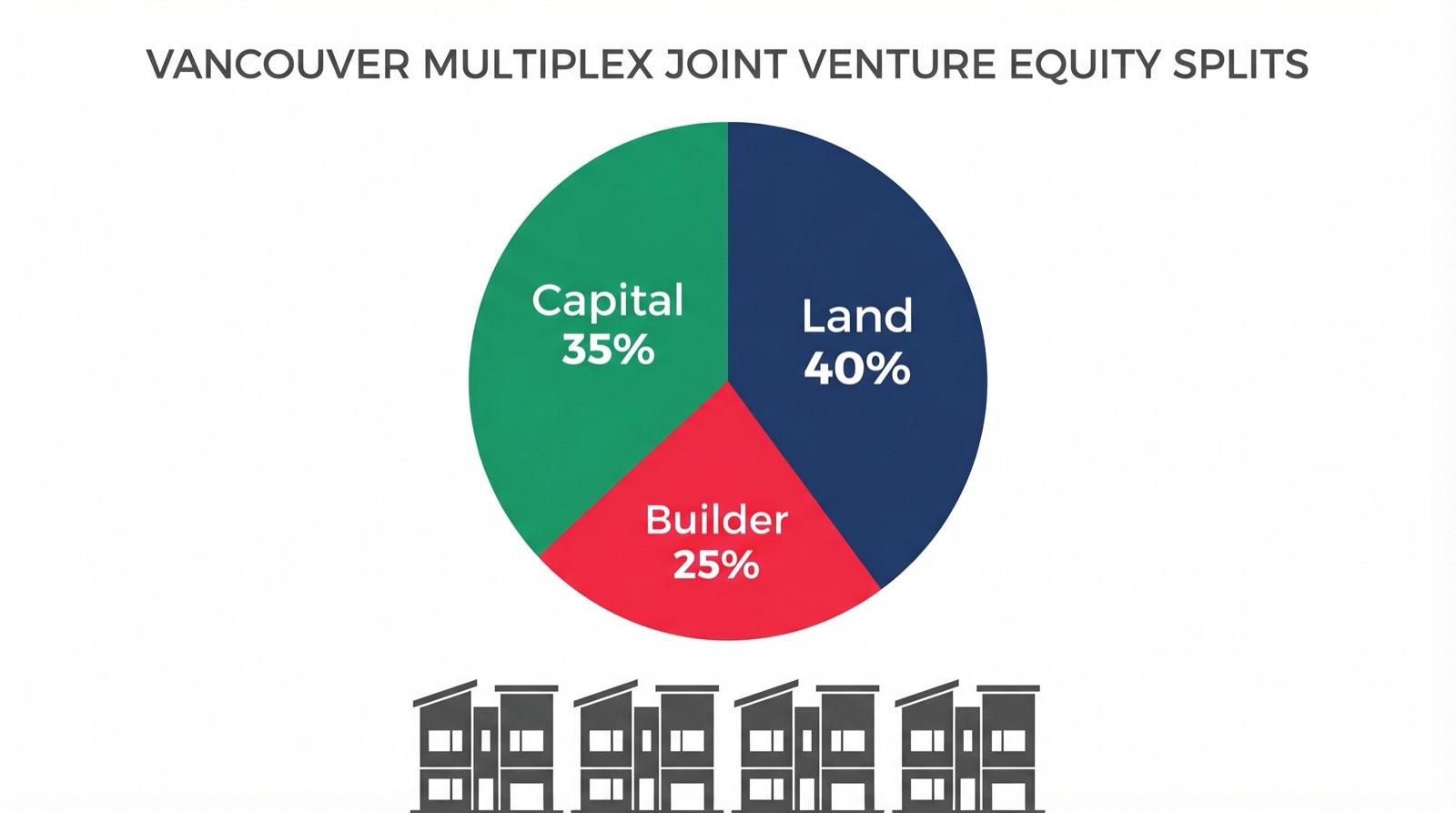 Pie chart visualization of equity splits in a Vancouver multiplex joint venture between landowner, capital partner, and builder