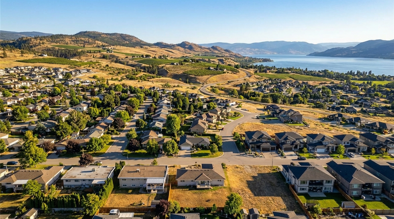 Aerial view of Kelowna residential neighborhoods with Okanagan Lake and vineyard-covered hillsides in the background