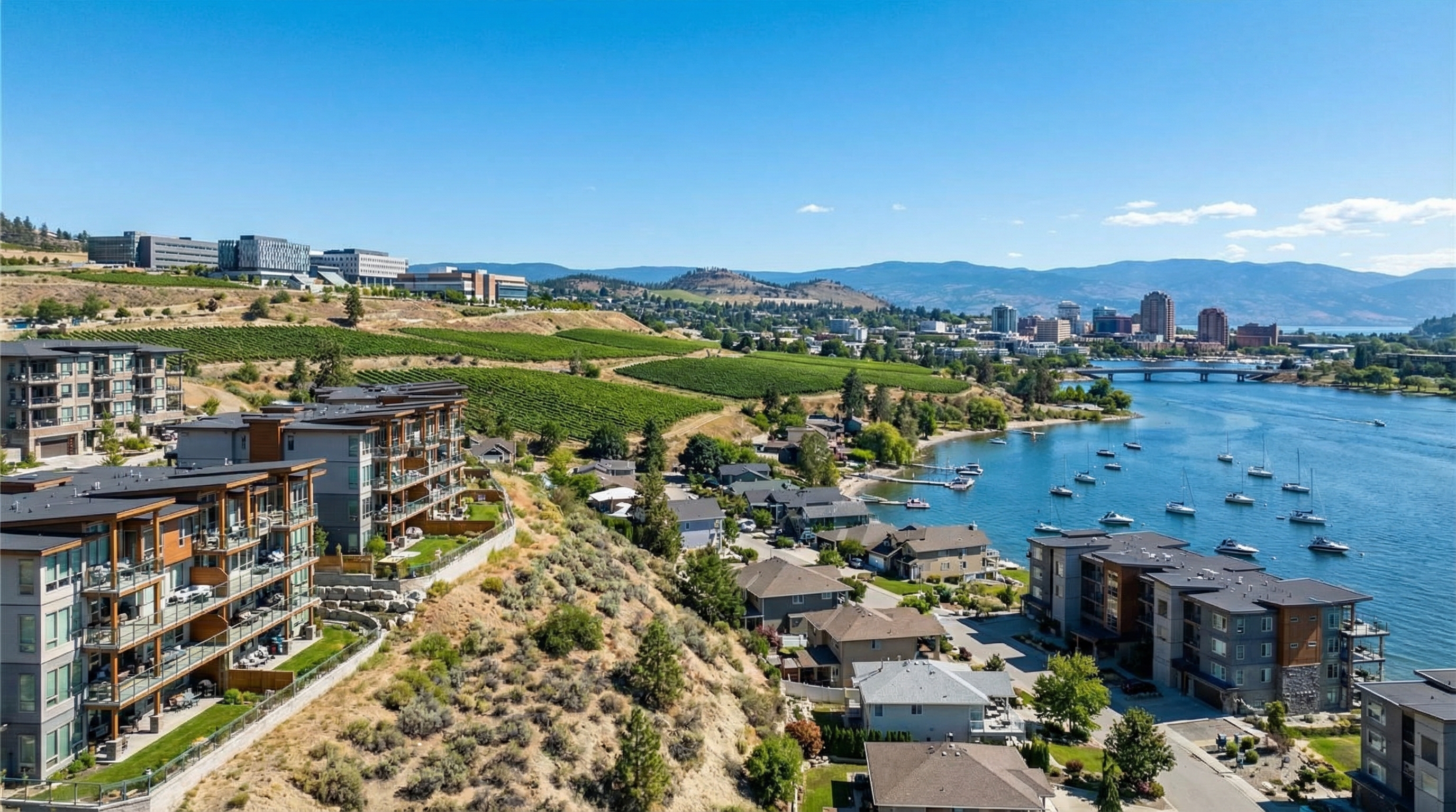 Kelowna lakefront skyline with infill multiplex housing in the Core Area near UBC Okanagan campus