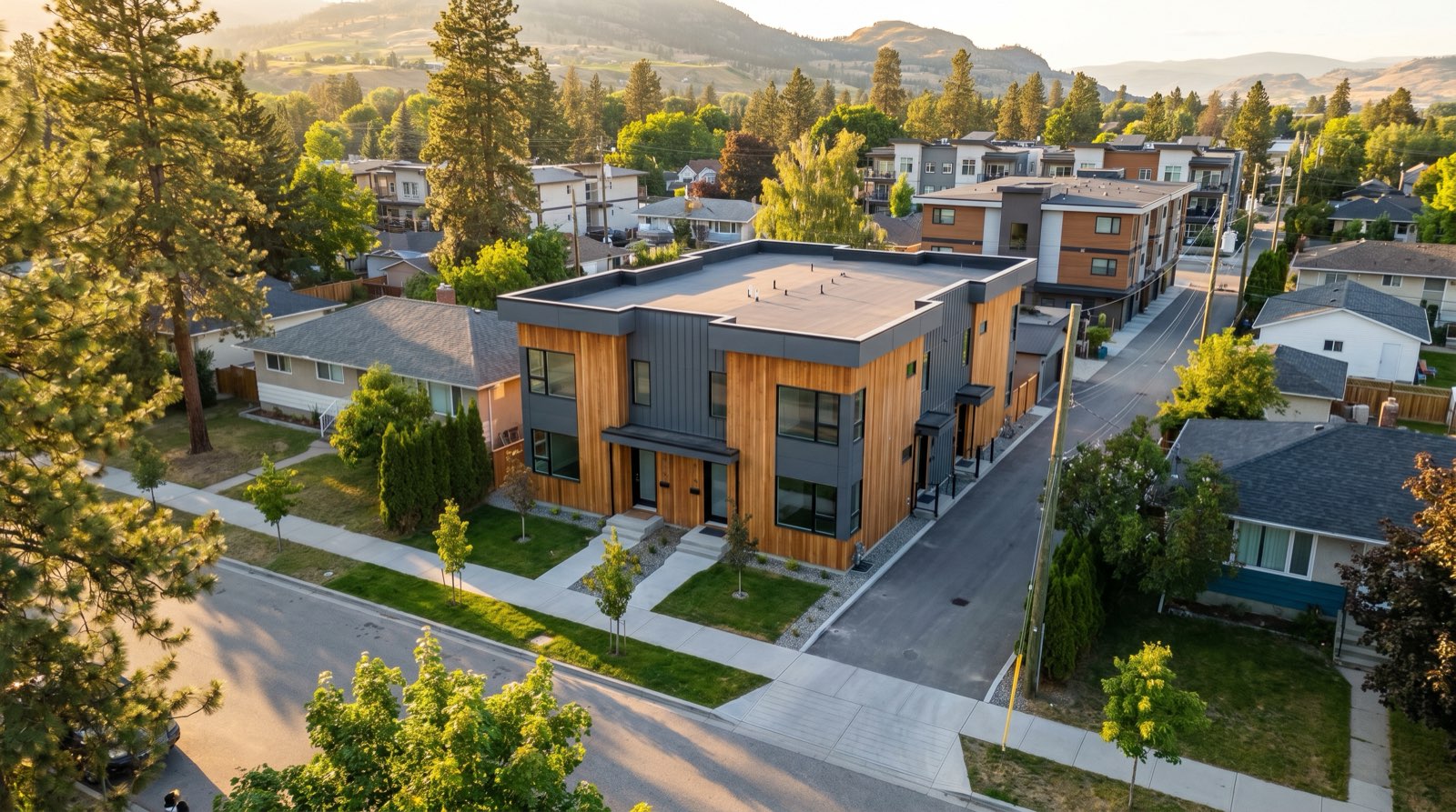 Kelowna zoning map overlay showing RU and MF zone family colour-coded with SSMUH Bill 44 overlay highlighting 3/4/6 unit brackets for residential lots across the city