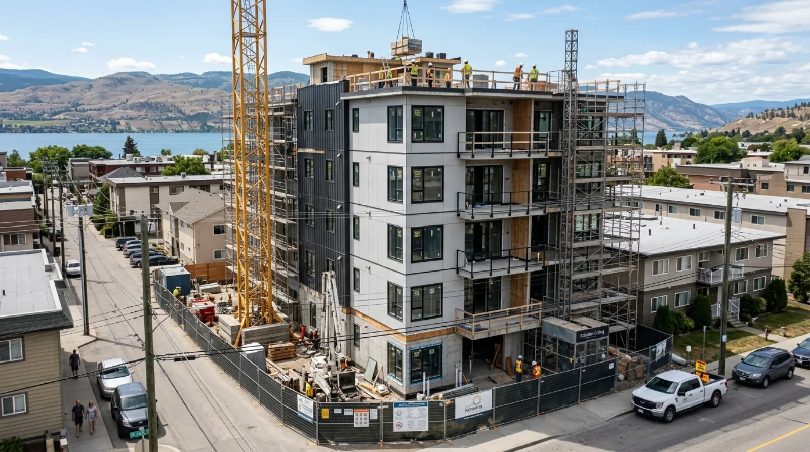 Modern wood-frame mid-rise apartment building in the Okanagan, the building form BC's single-egress stair rules make possible on narrow Kelowna lots