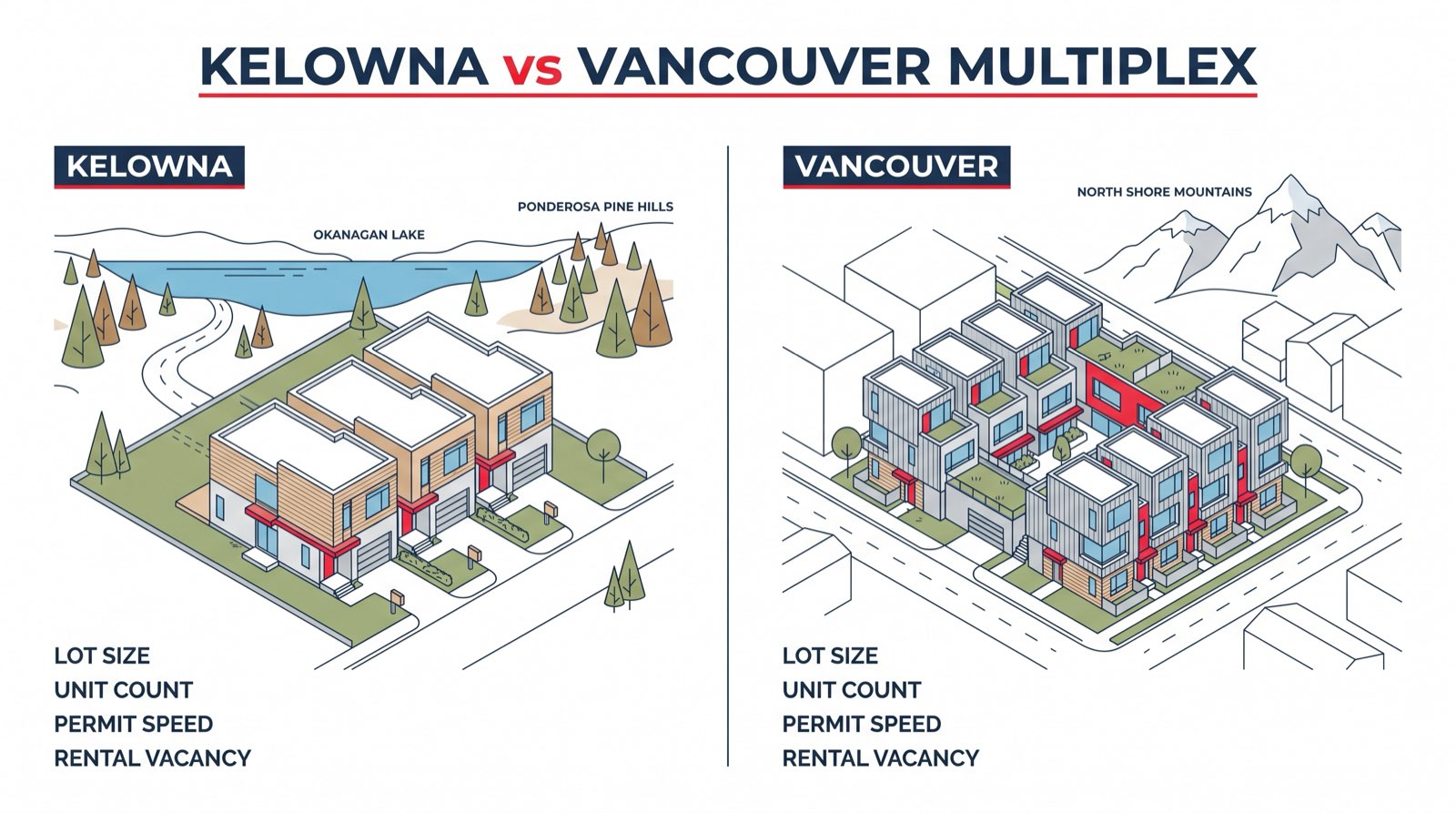 Side-by-side comparison visual of Kelowna and Vancouver multiplex lot sizes unit counts rents vacancy and permit timelines with dollar-sign scales indicating land basis and exit liquidity