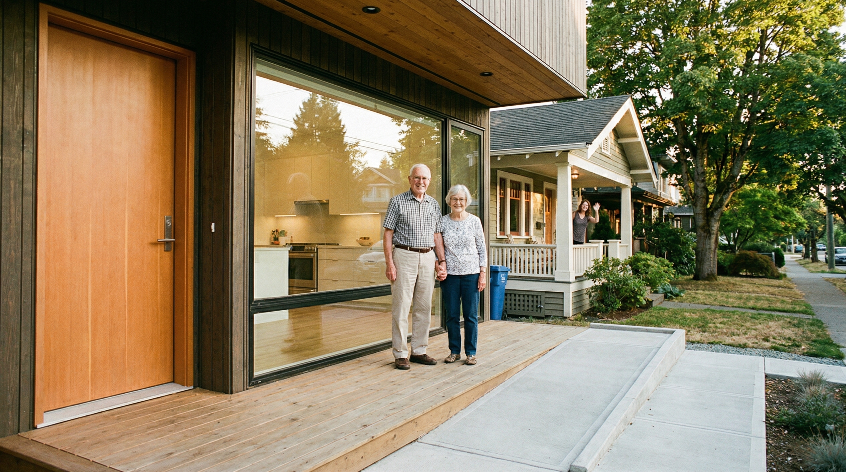 Elderly woman tending a garden beside a modern single-storey laneway house in a Vancouver backyard with family visible in the main house