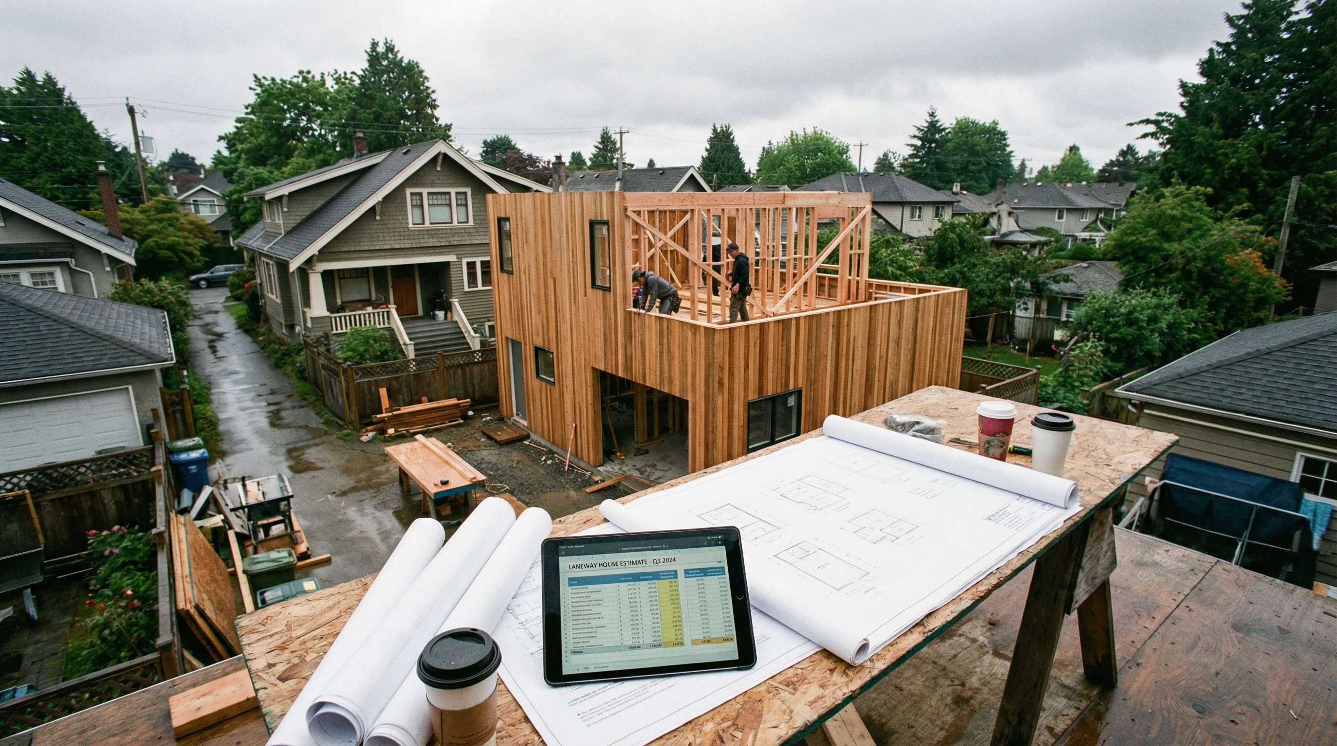 Modern laneway house under construction in a Vancouver backyard showing framing and foundation work with cost breakdown overlay