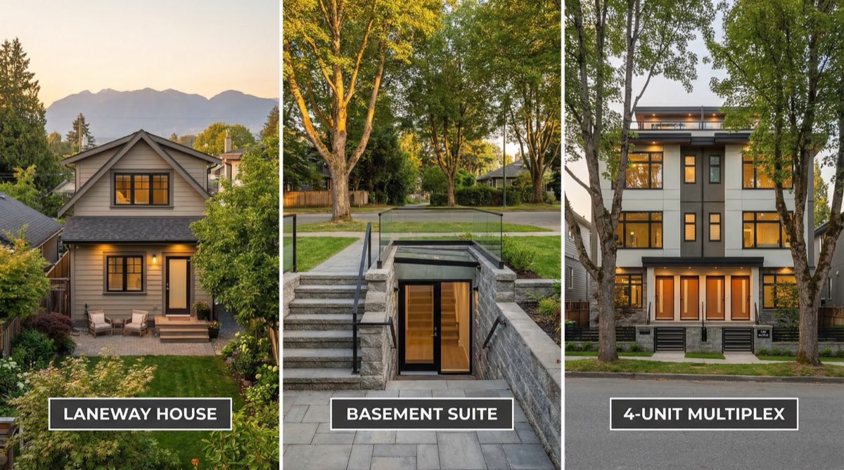 Three-panel comparison showing a laneway house, basement suite entrance, and modern fourplex building in a Vancouver residential neighbourhood