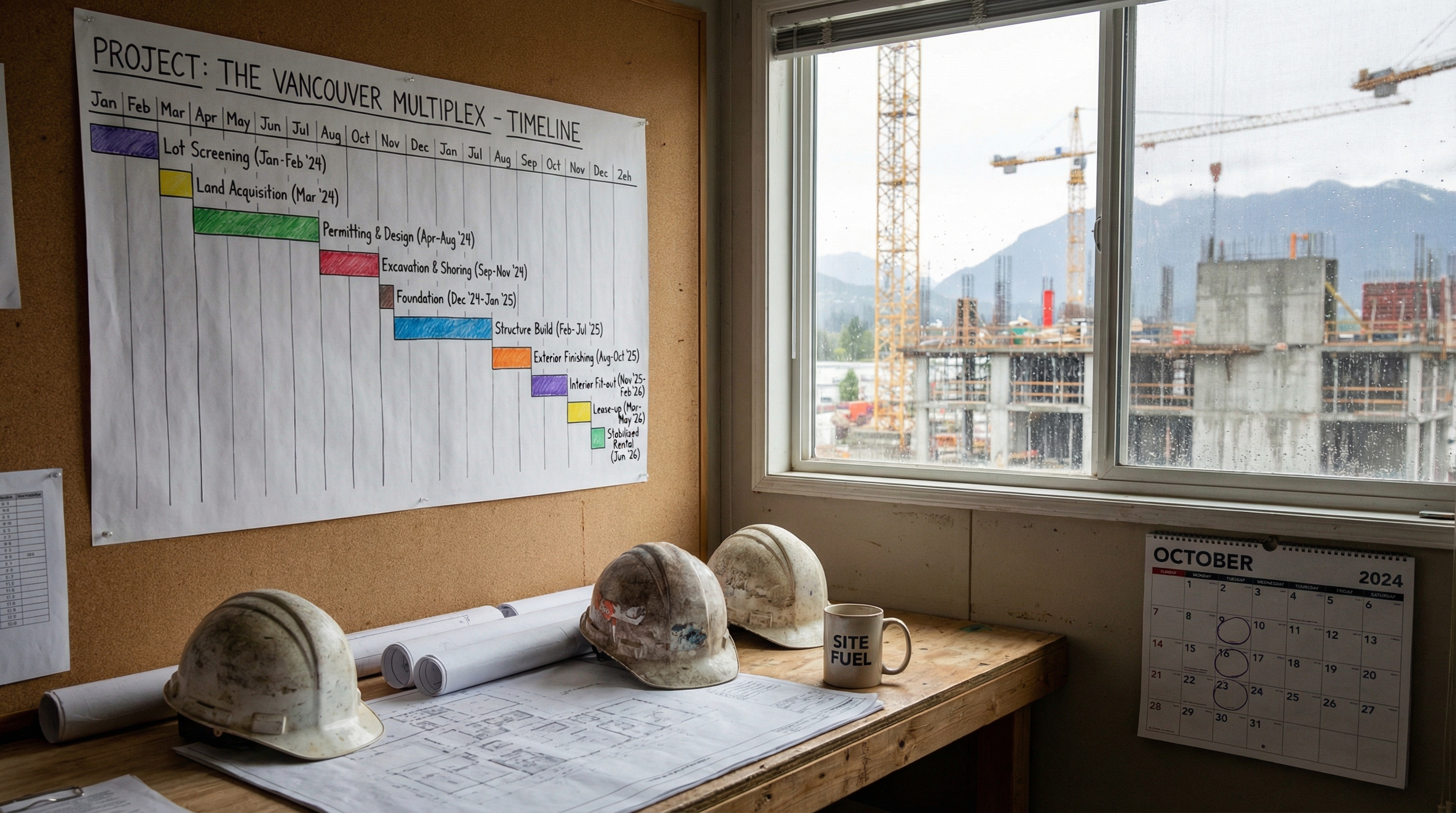 Construction timeline gantt chart overlaid on a Vancouver multiplex building site showing phases from lot screening to completed rental building