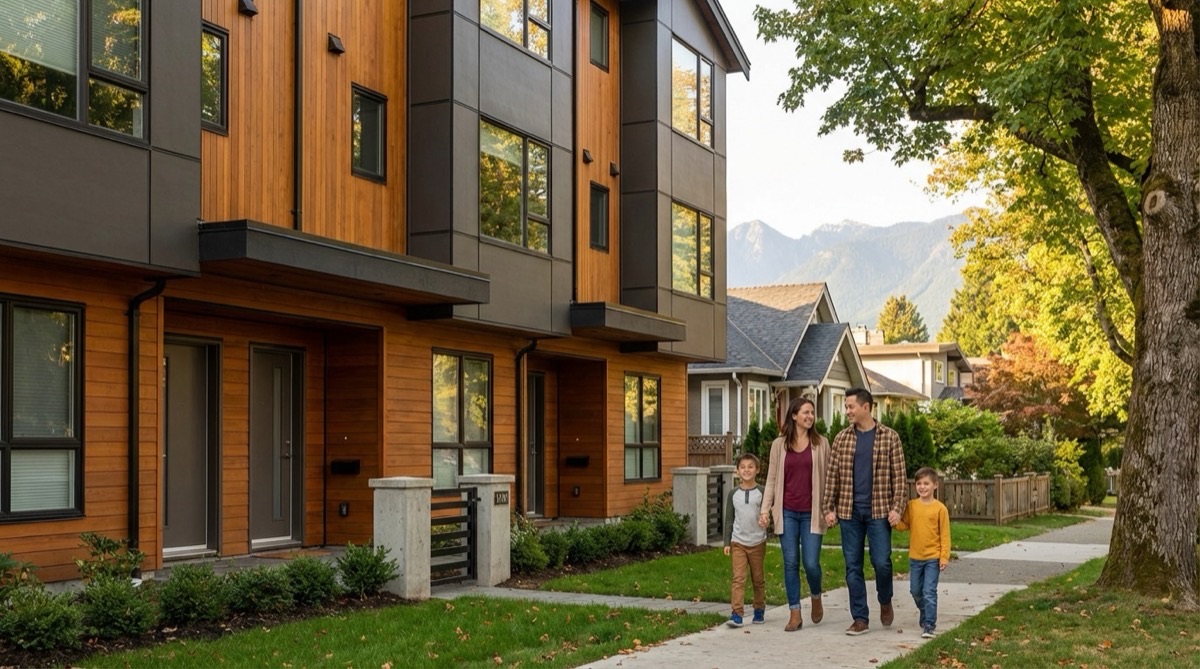 Young Canadian family viewing a modern ground-oriented multiplex unit in a Vancouver residential neighbourhood