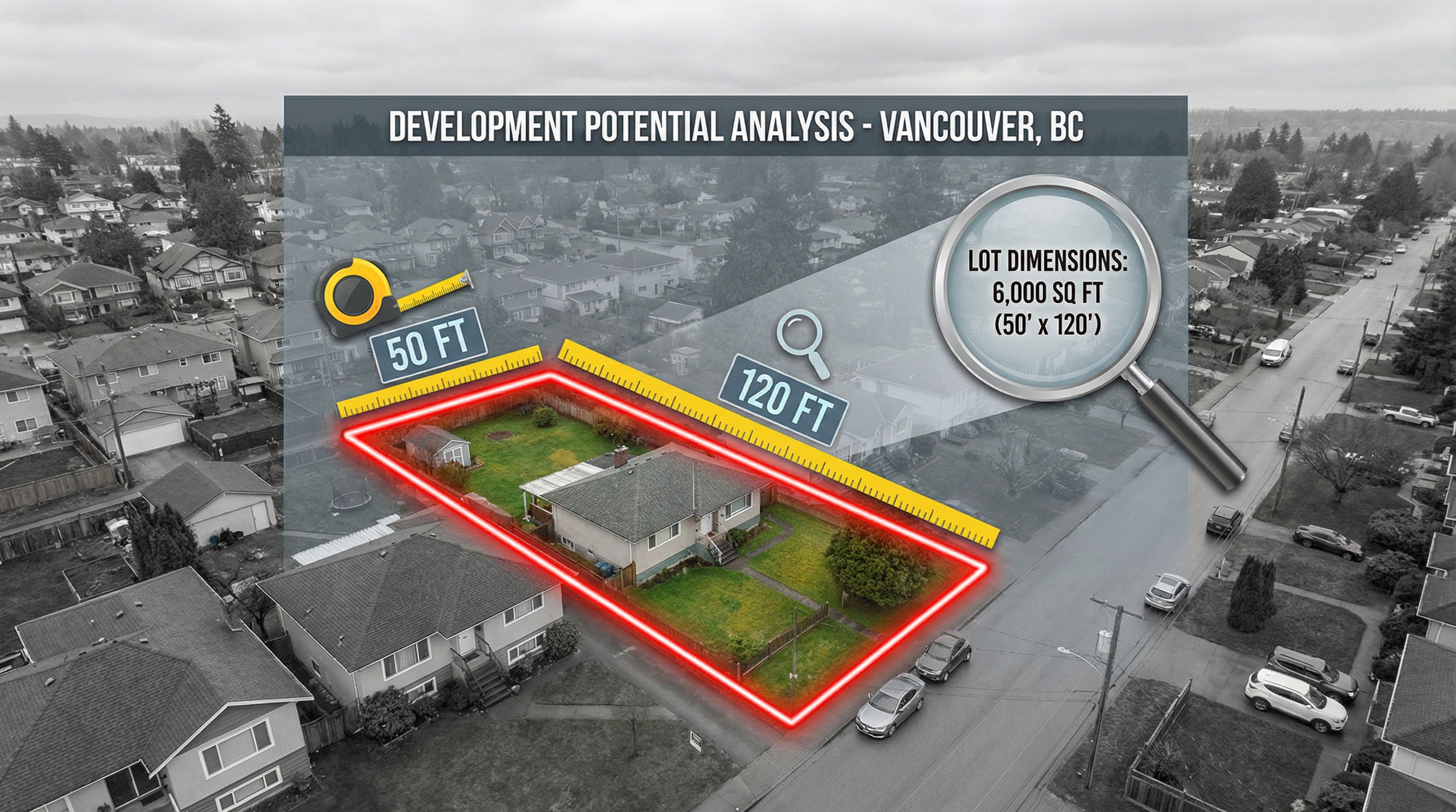 Decision tree flowchart showing the five-filter screening process for build-to-rent lot viability in Vancouver