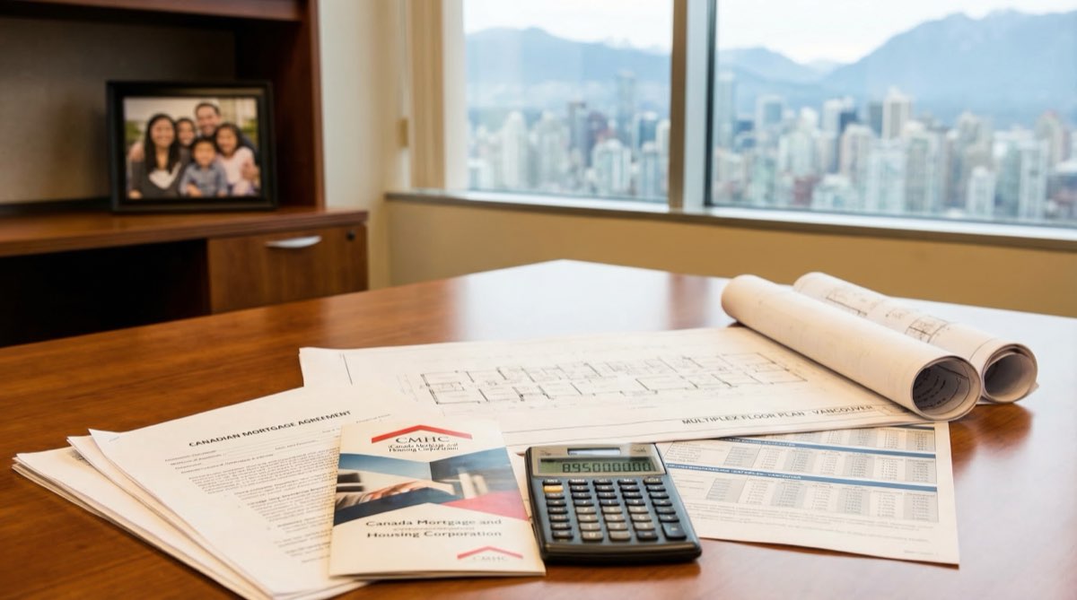 Canadian mortgage documents and financial planning scene with family multiplex architectural plans on professional desk, calculator and rate comparison charts
