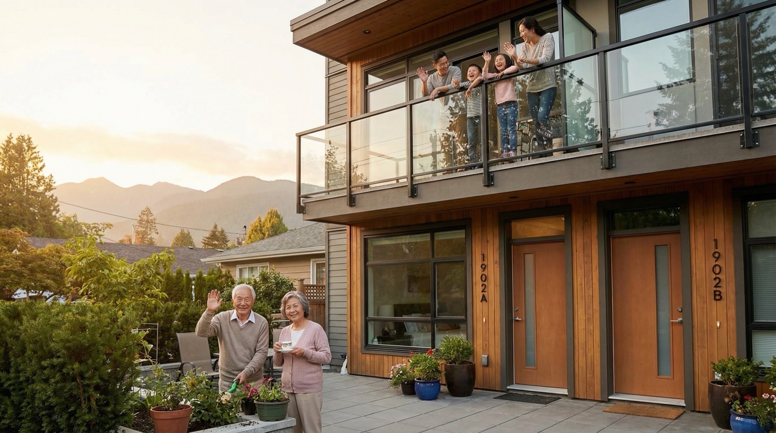 Multigenerational family enjoying shared outdoor space at Vancouver multiplex development