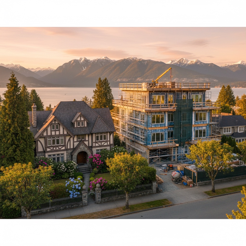 Luxury Vancouver neighborhood with character homes showing the contrast between traditional single-family and modern multiplex development potential