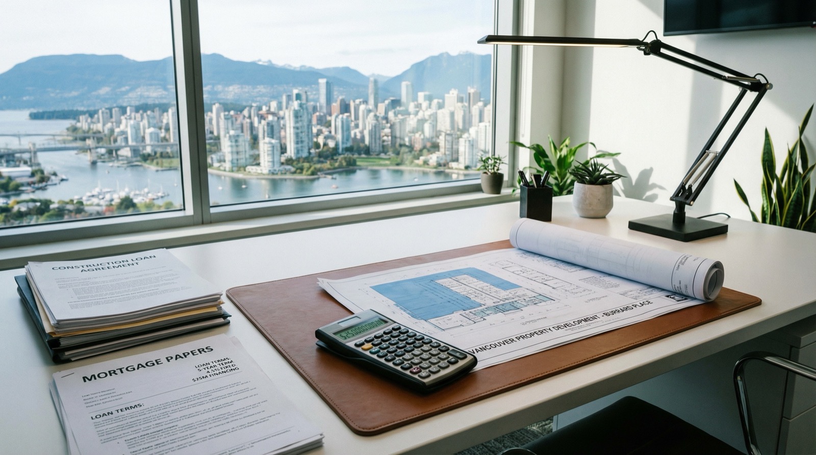 Financial documents with construction loan terms and calculator for multiplex financing