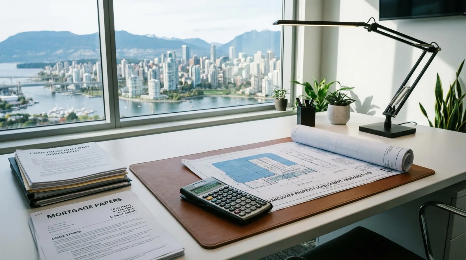 Financial documents with construction loan terms and calculator for multiplex financing