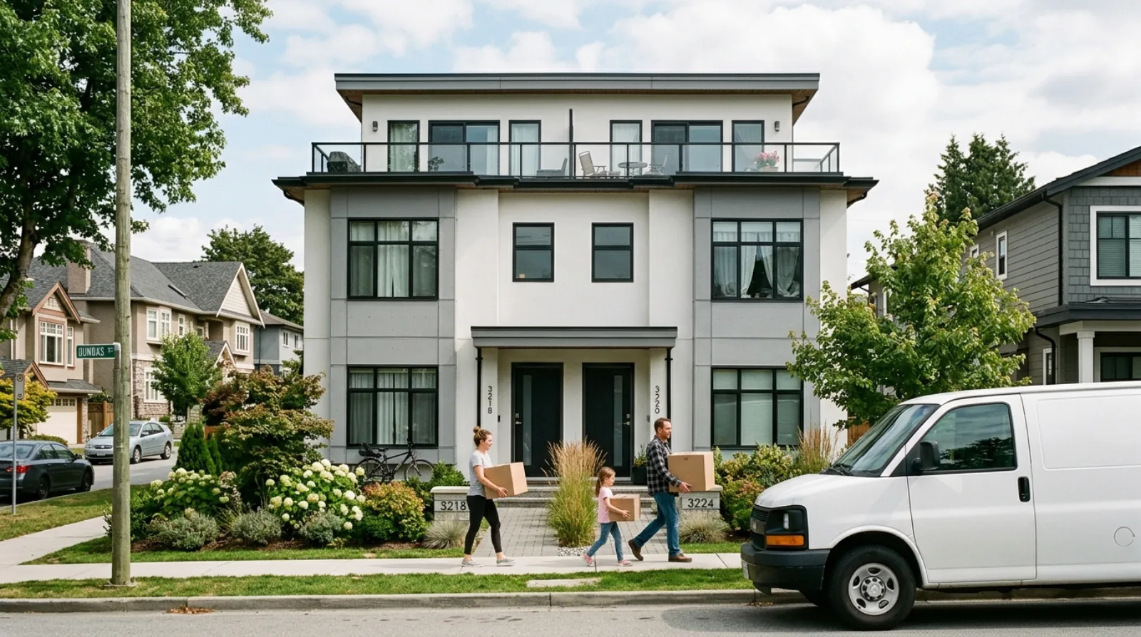 A completed three-storey ground-oriented multiplex on a Burnaby residential street near a SkyTrain guideway, with individual front entries at grade, showing the finished first wave of Bill 44 multiplex homes now selling
