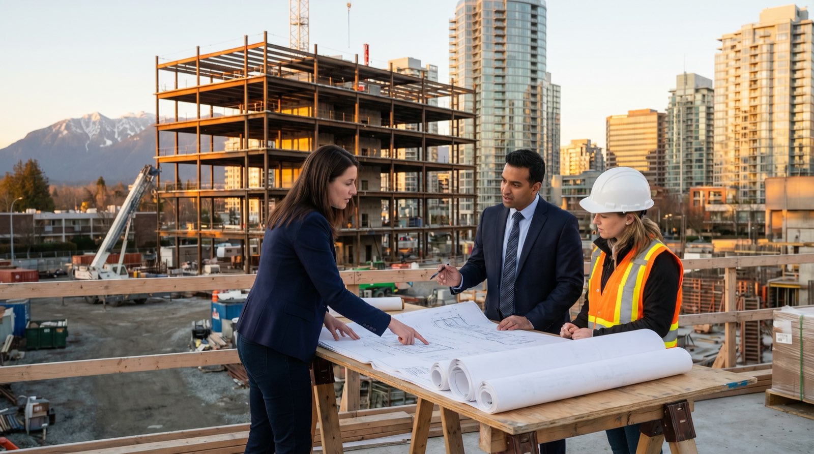 Three partners — landowner, capital partner, and builder — combining contributions into a BC multiplex joint venture project