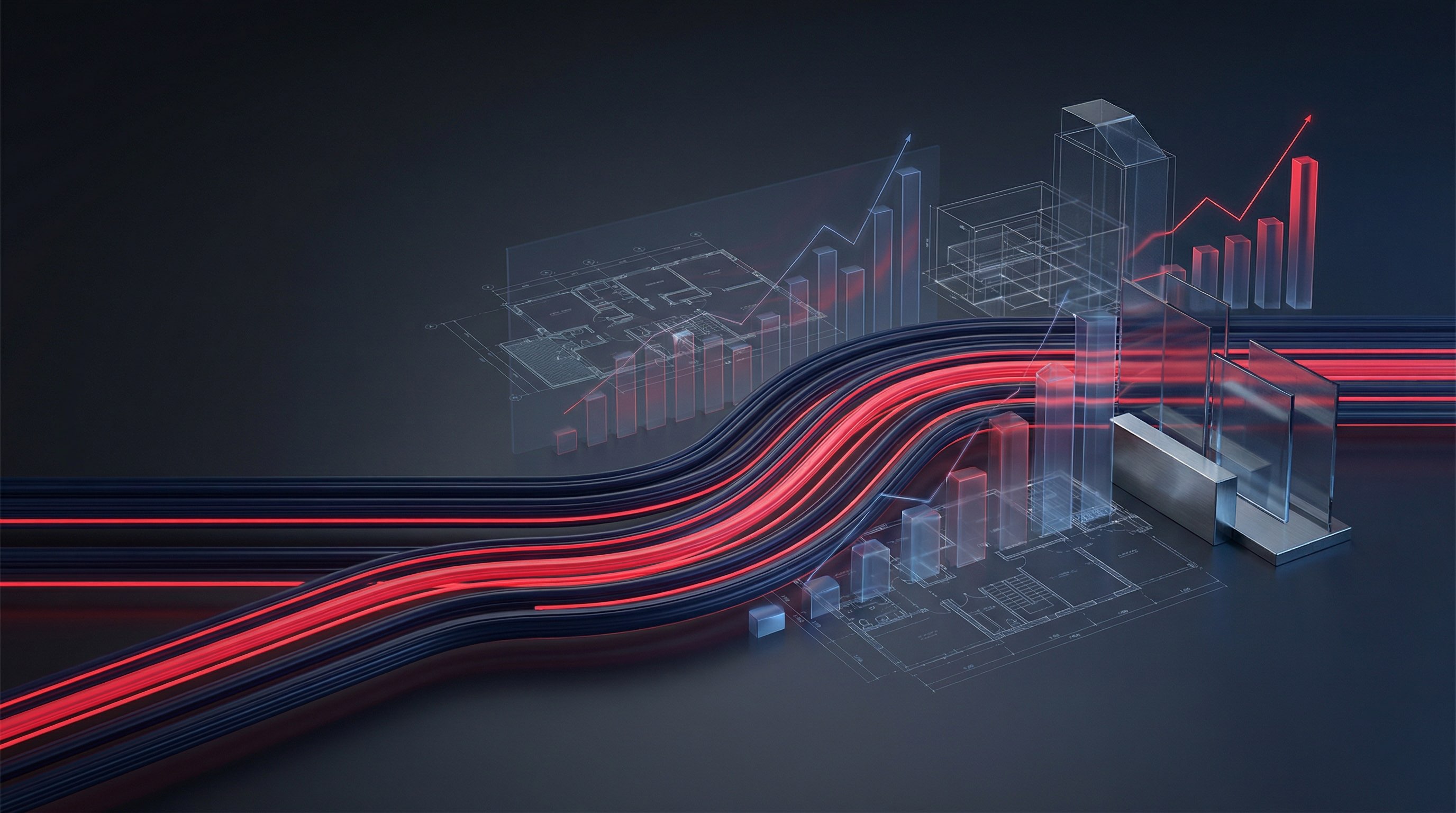 Abstract visualization of capital flow streams in dark navy and red representing multiplex investment velocity