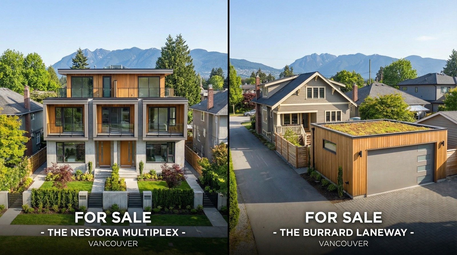 Split image comparing laneway house development with full multiplex construction