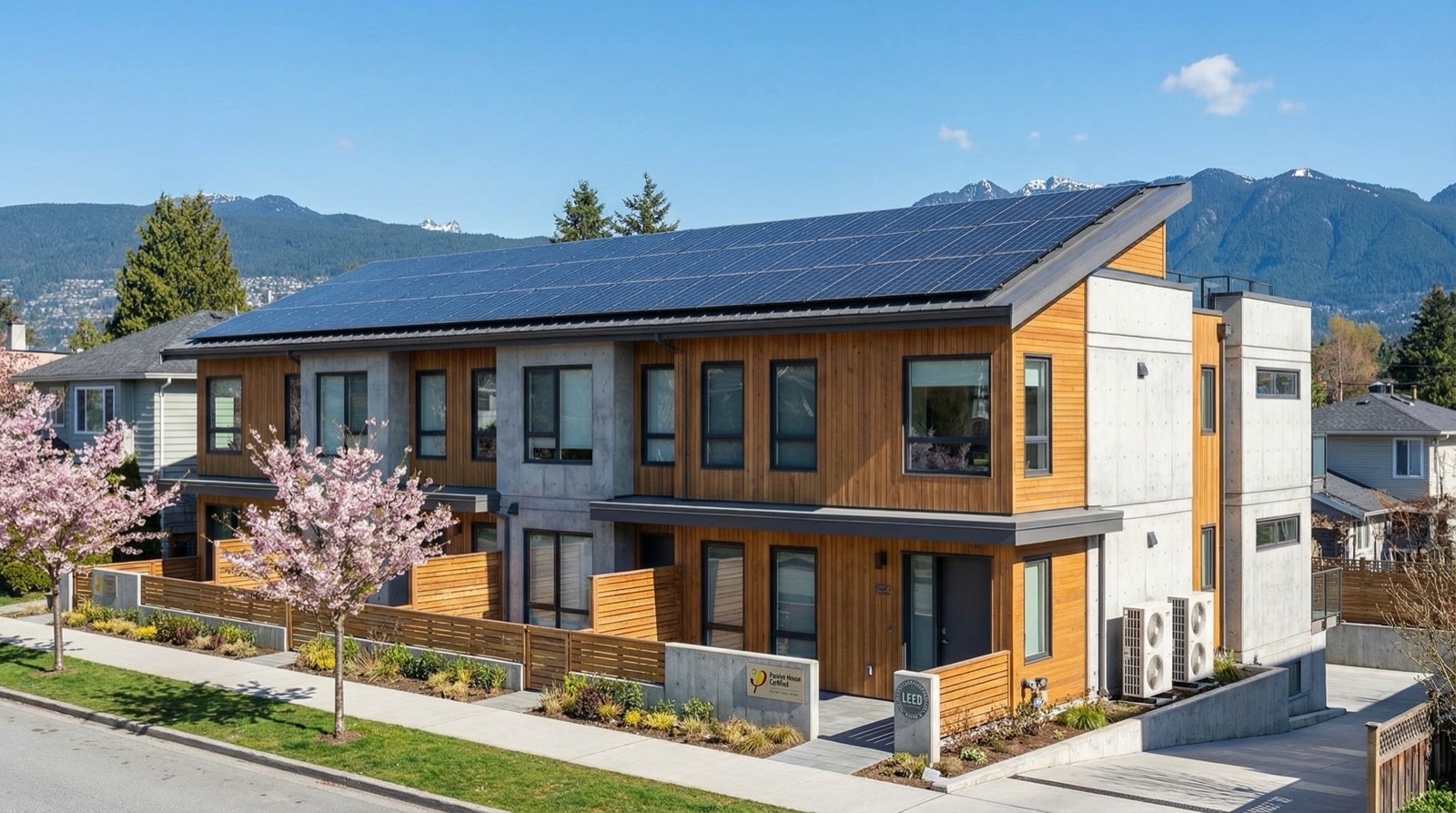 Modern sustainable multiplex building with solar panels and green design elements