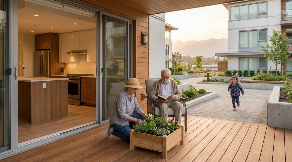 Warm multigenerational family scene outside a modern Vancouver multiplex with accessible ground-floor entrance, grandparents and grandchildren in shared courtyard