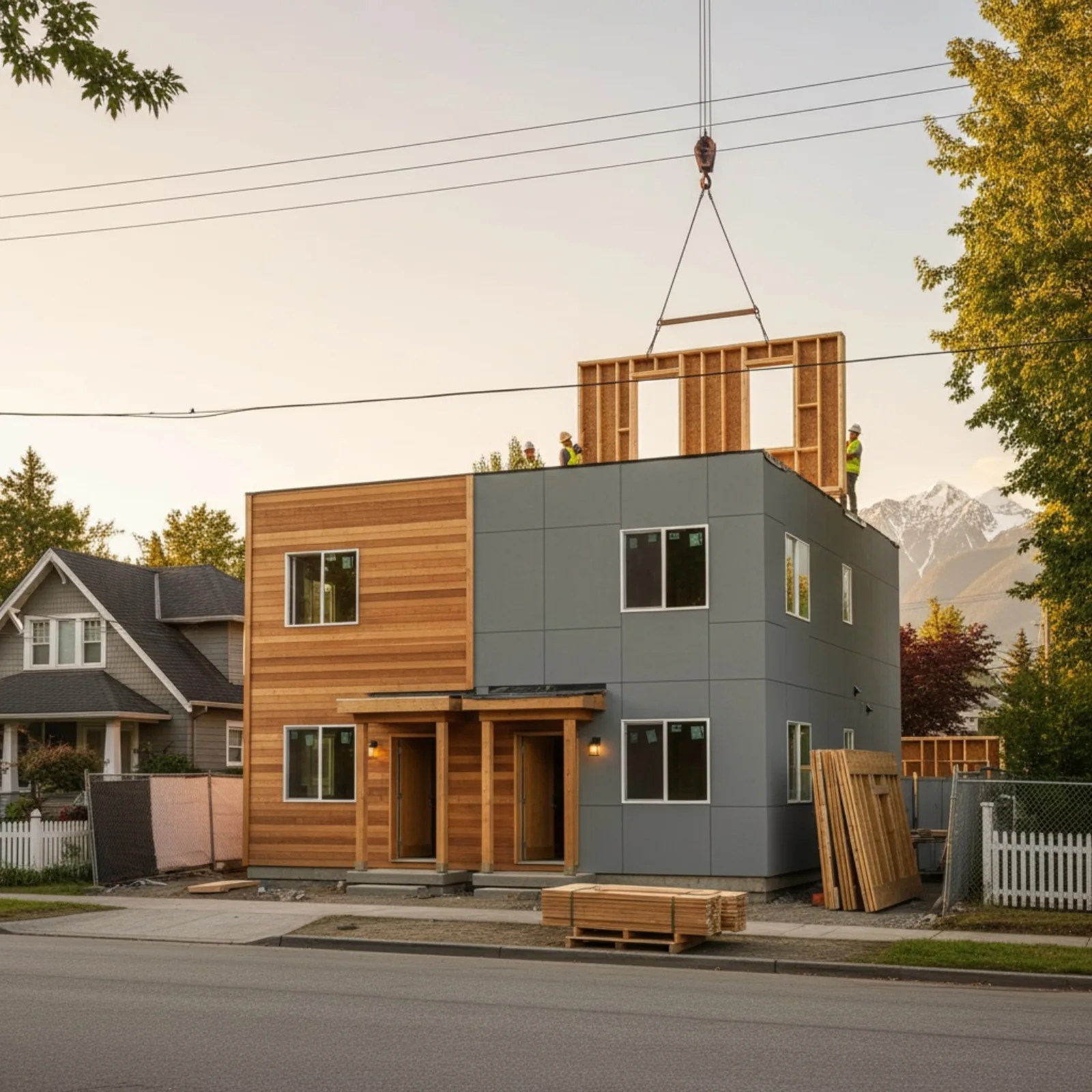 A crane lifts a prefabricated wood wall panel onto a new two-door multiplex on a Vancouver street, the kind of off-site construction Mayor-elect Pete Fry's platform wants to permit faster