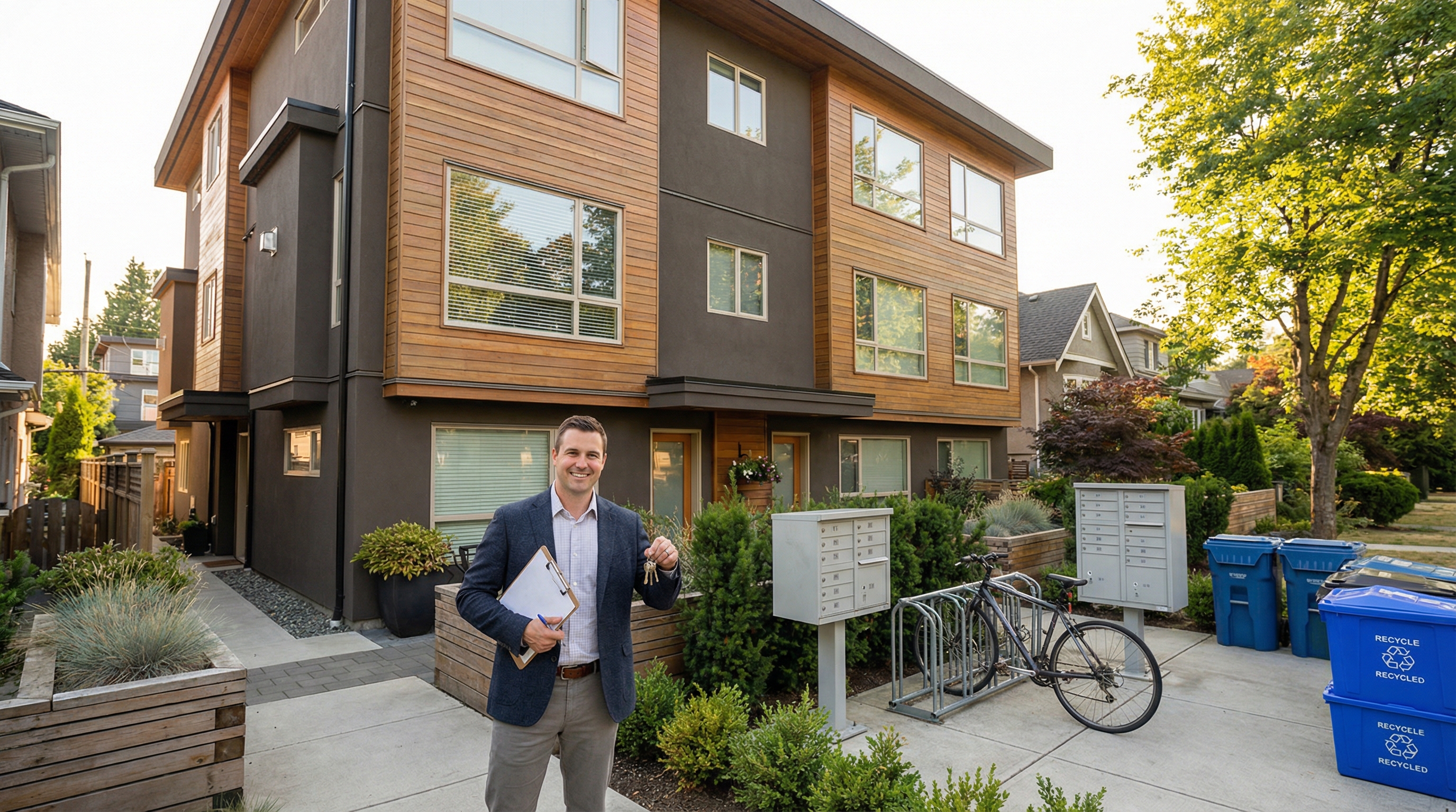 Small wood-frame multiplex building in Vancouver with property manager reviewing maintenance checklist outside the entrance