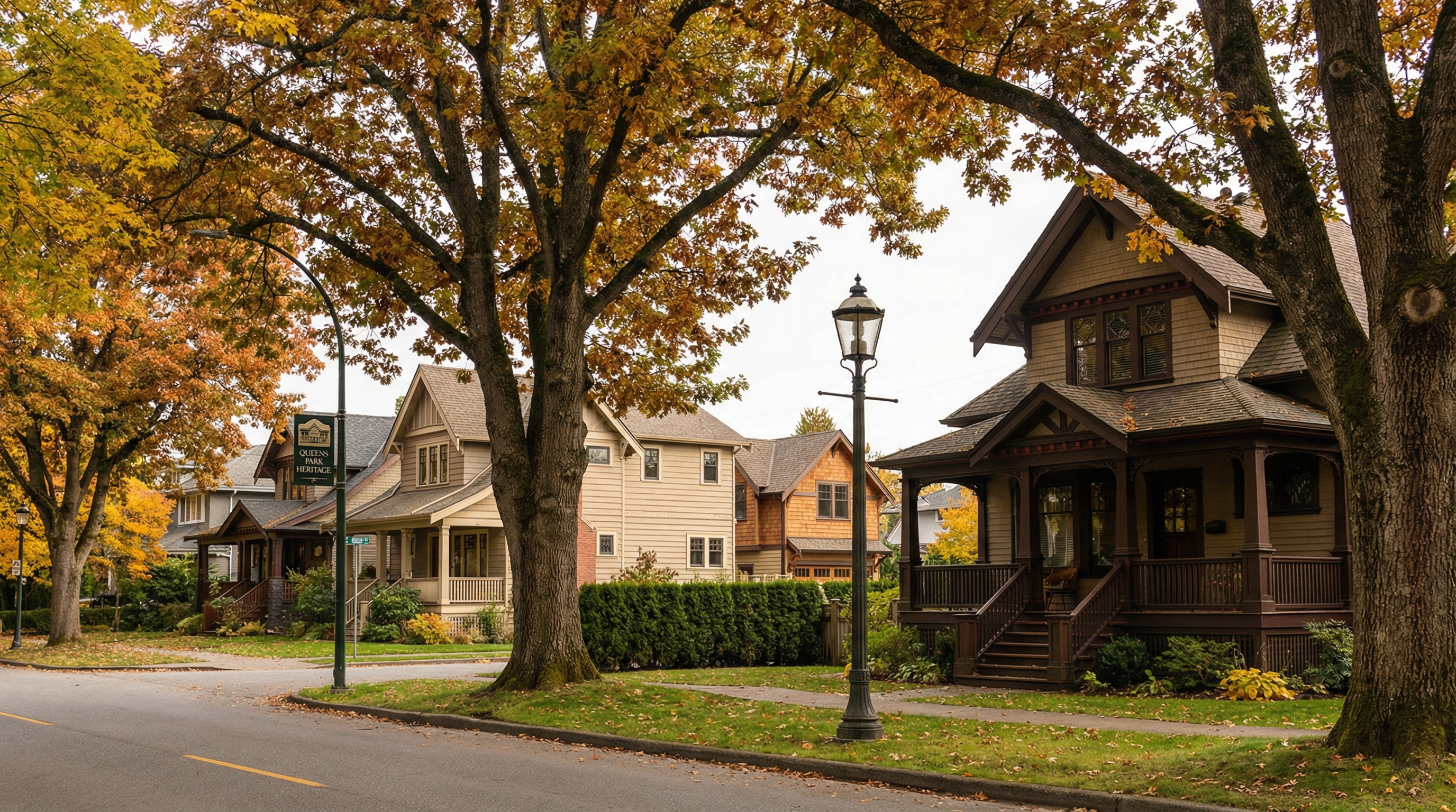 Tree-lined street in Queens Park New Westminster showing heritage homes with a modern carriage house visible behind a Victorian residence