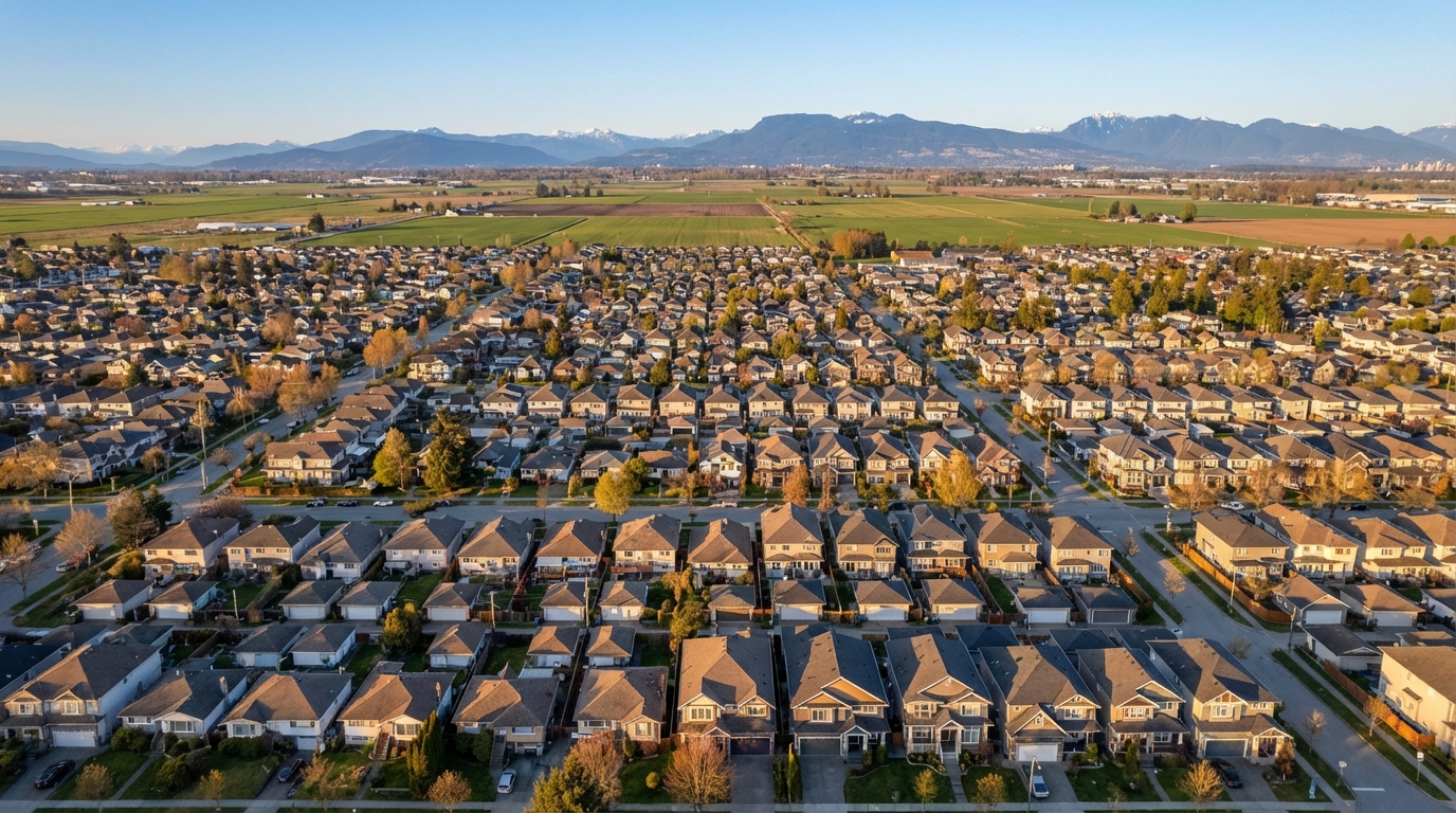 Aerial view of Richmond residential neighborhoods showing single-family lots eligible for multiplex redevelopment with agricultural land and mountain backdrop