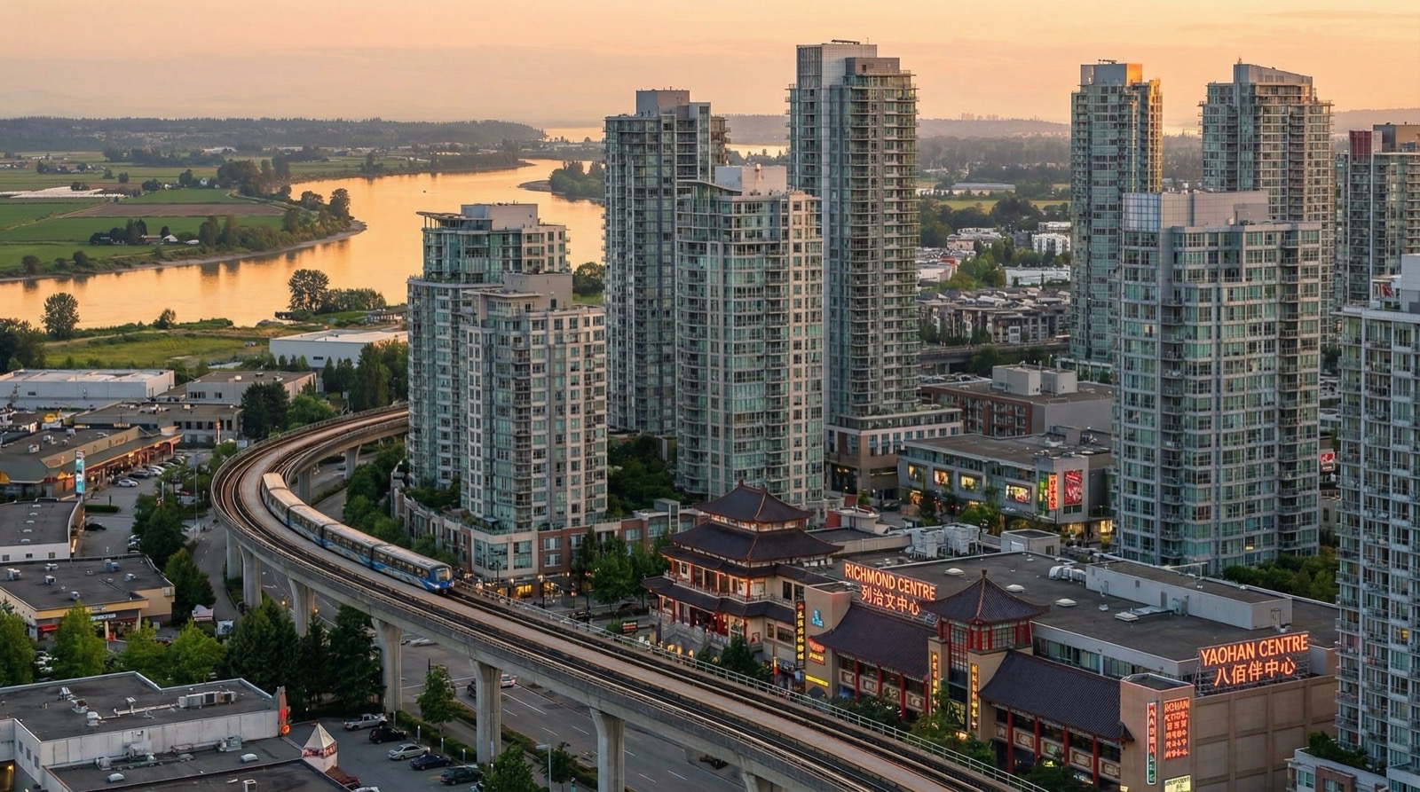Richmond cityscape with Canada Line train and residential neighborhood overlay