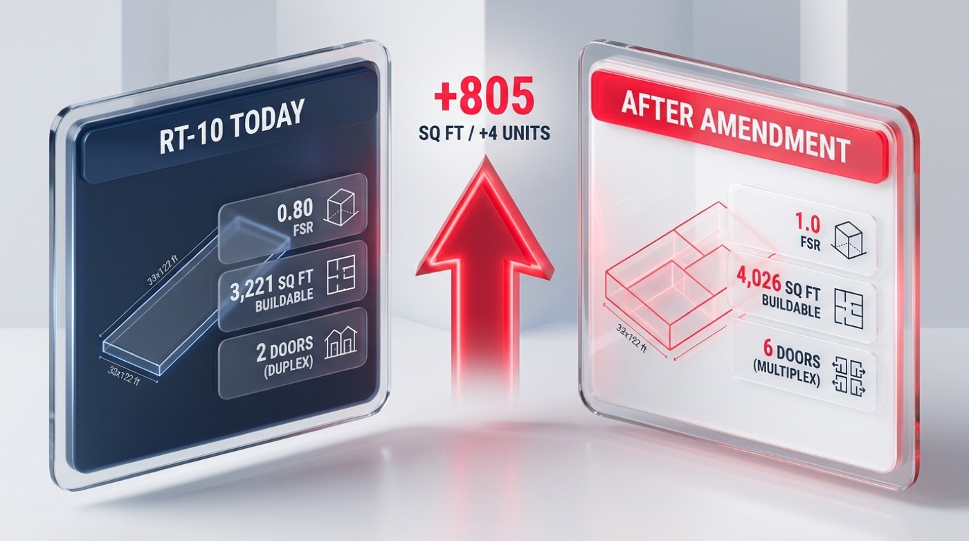 Comparison infographic showing RT-10 lot at 0.80 FSR duplex buildout versus 1.0 FSR six-plex buildout with dollar values and unit counts