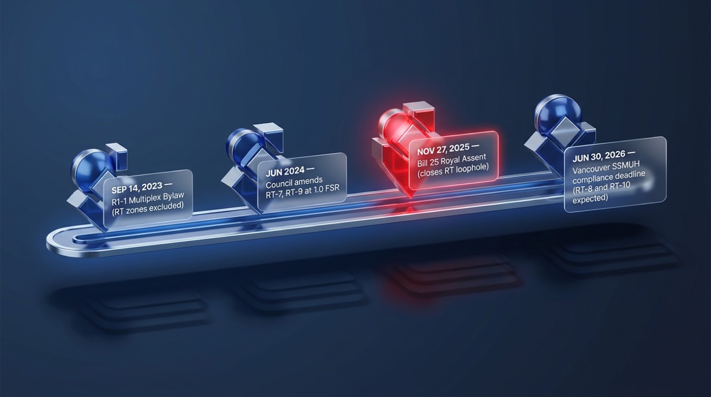 Timeline showing Bill 25 Royal Assent November 27 2025 then Vancouver June 30 2026 SSMUH compliance deadline with RT-8 and RT-10 zones highlighted