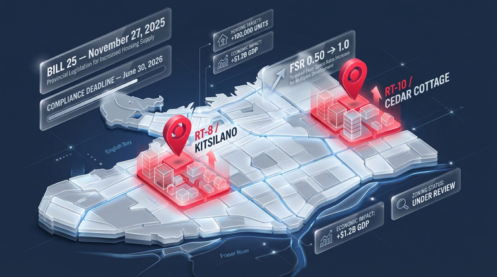 Vancouver Kitsilano and Cedar Cottage neighbourhood aerial view with RT-8 and RT-10 zoning overlay showing multiplex rezoning coming under Bill 25 SSMUH compliance deadline June 2026