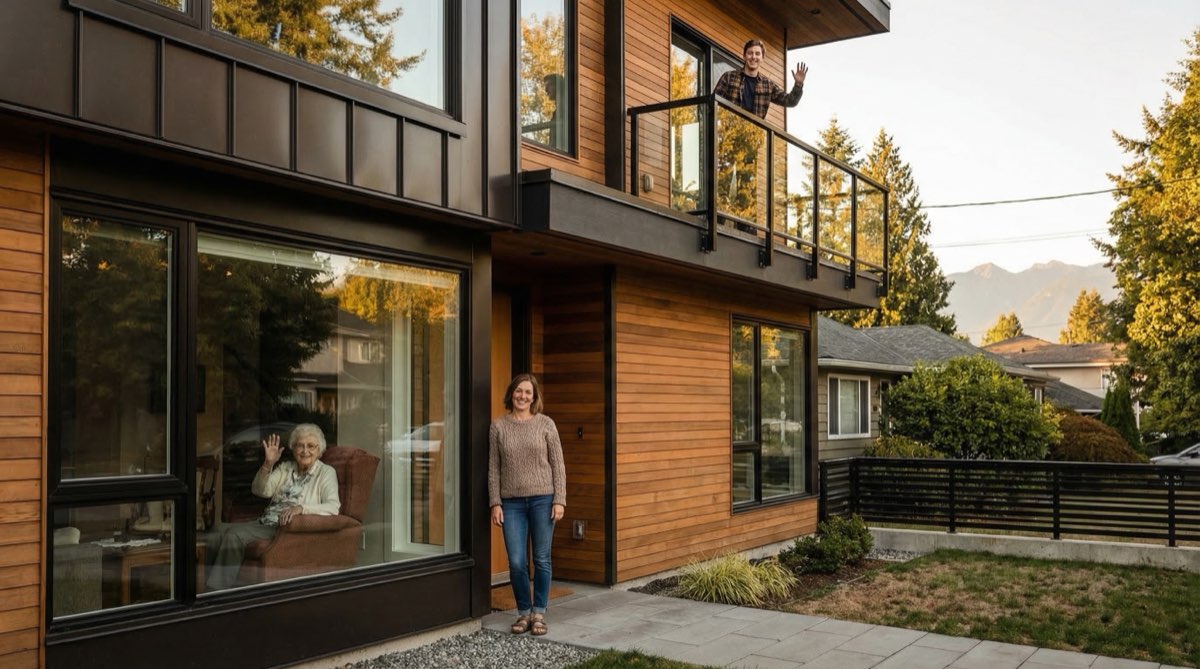 Three-generation Vancouver family with middle-aged parents, elderly grandparent, and young adult outside modern multiplex representing the sandwich generation solution