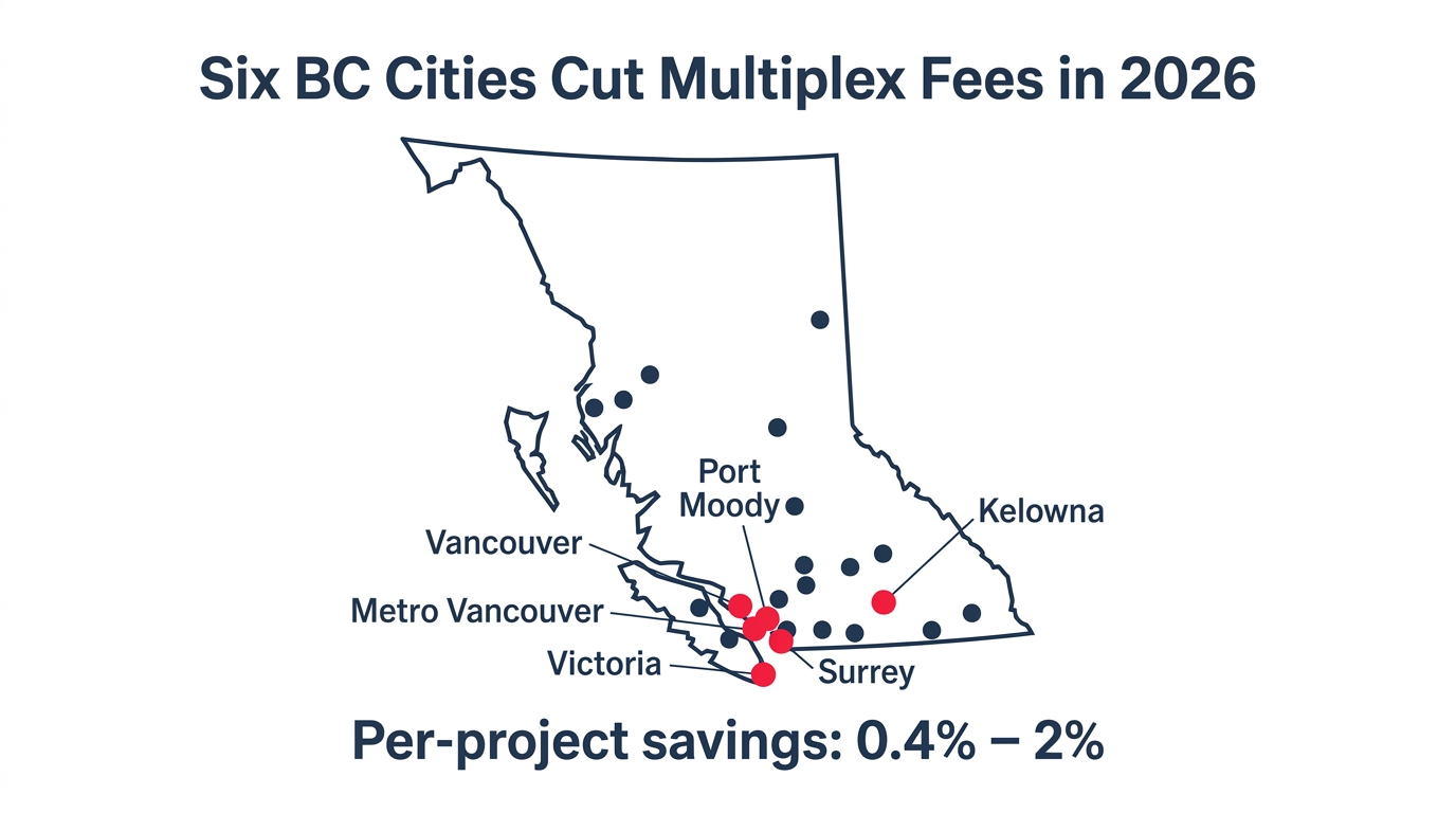 Map of British Columbia highlighting six jurisdictions that cut multiplex development fees in 2026 — Surrey, Vancouver, Metro Vancouver, Victoria, Port Moody, and Kelowna — overlaid with a per-project savings band of 0.4 to 2 percent against a backdrop of a Vancouver four-plex under construction