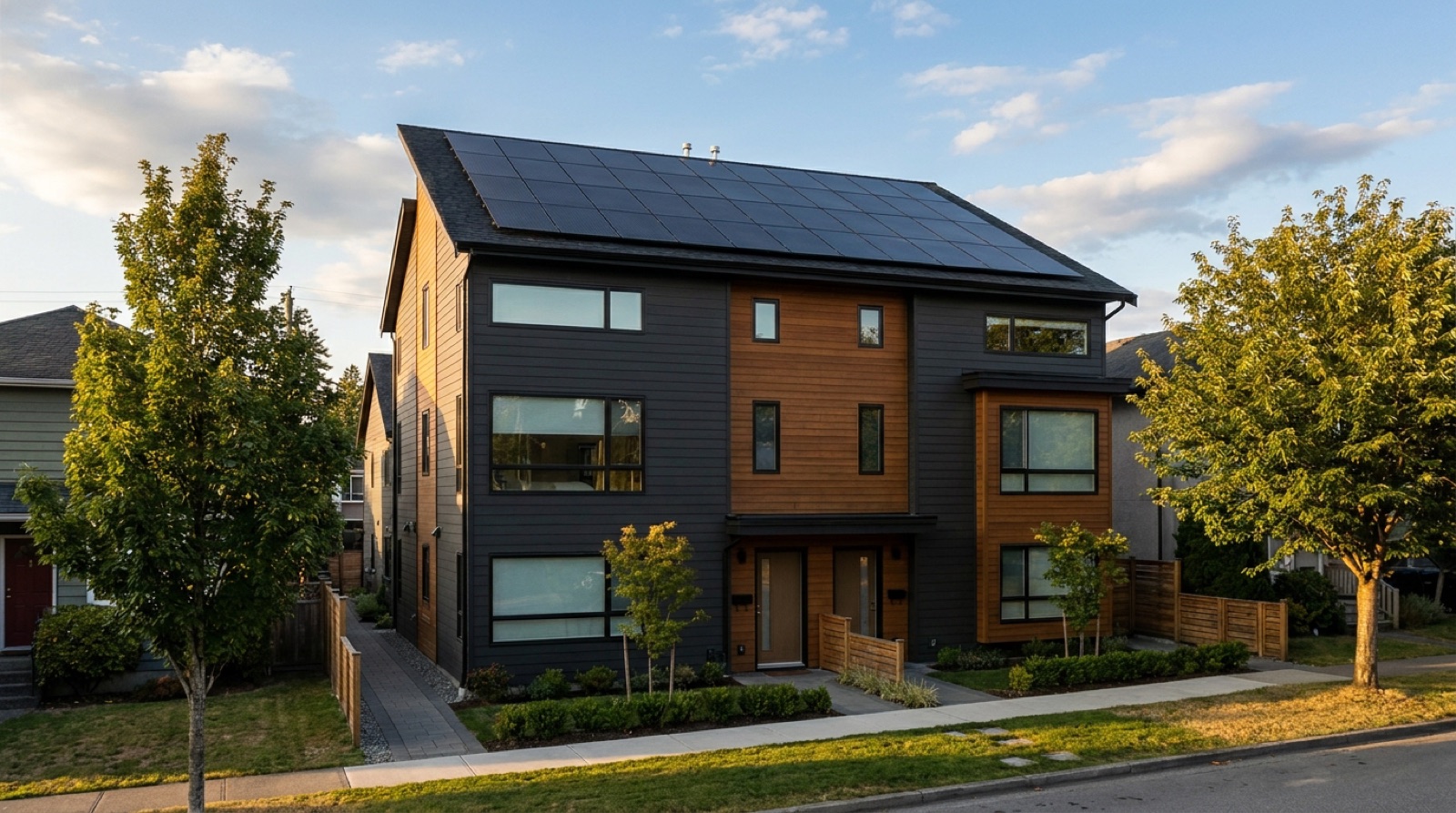 Vancouver four-plex multiplex with rooftop solar panels visible against clear blue sky modern wood and fiber cement cladding two front doors at grade and no pad mounted transformer on site