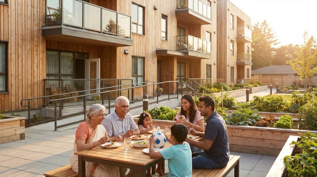 Warm multigenerational South Asian family gathering in a modern multiplex courtyard with accessible ground-floor entrance and garden space in Metro Vancouver