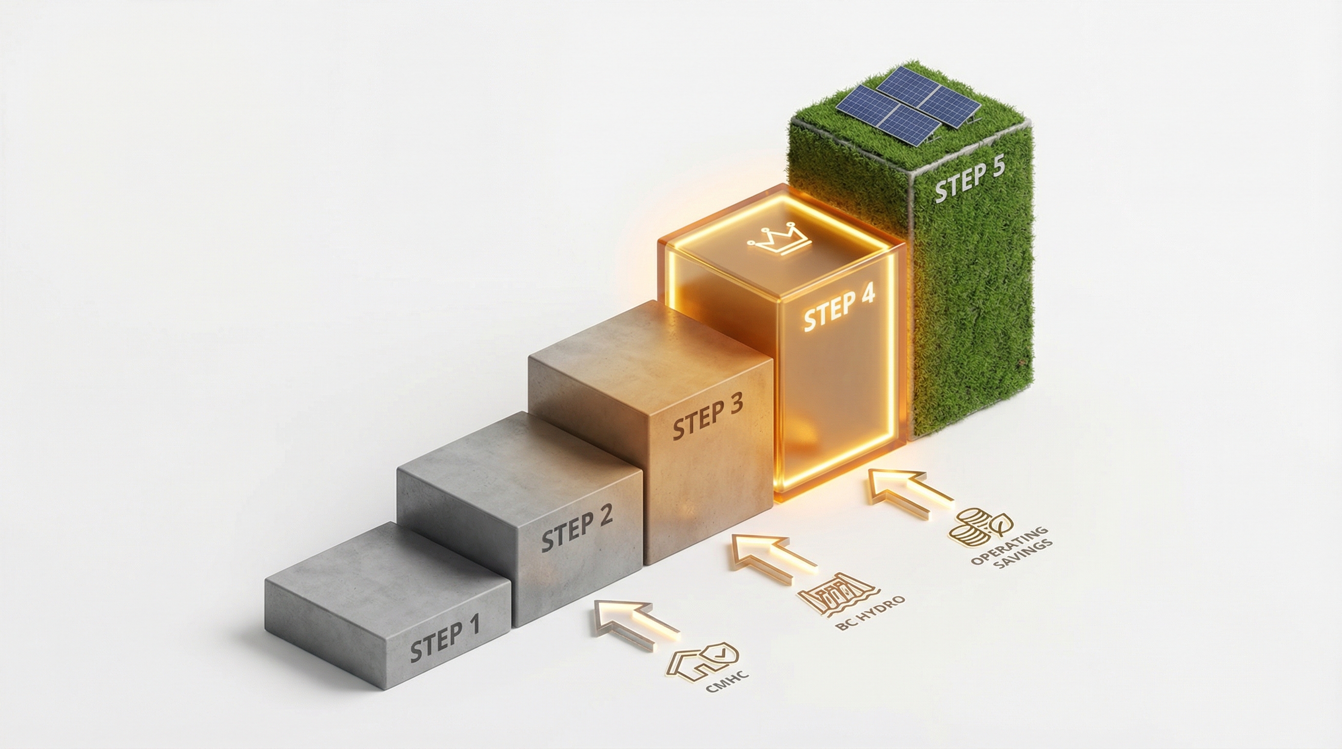 Energy efficiency rating chart showing Step Code levels 1 through 5 with Step 4 highlighted as the optimal target for multiplex construction