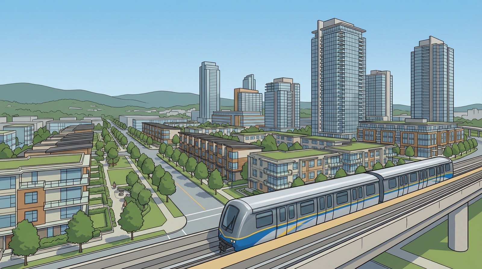 Surrey cityscape with SkyTrain and residential development potential