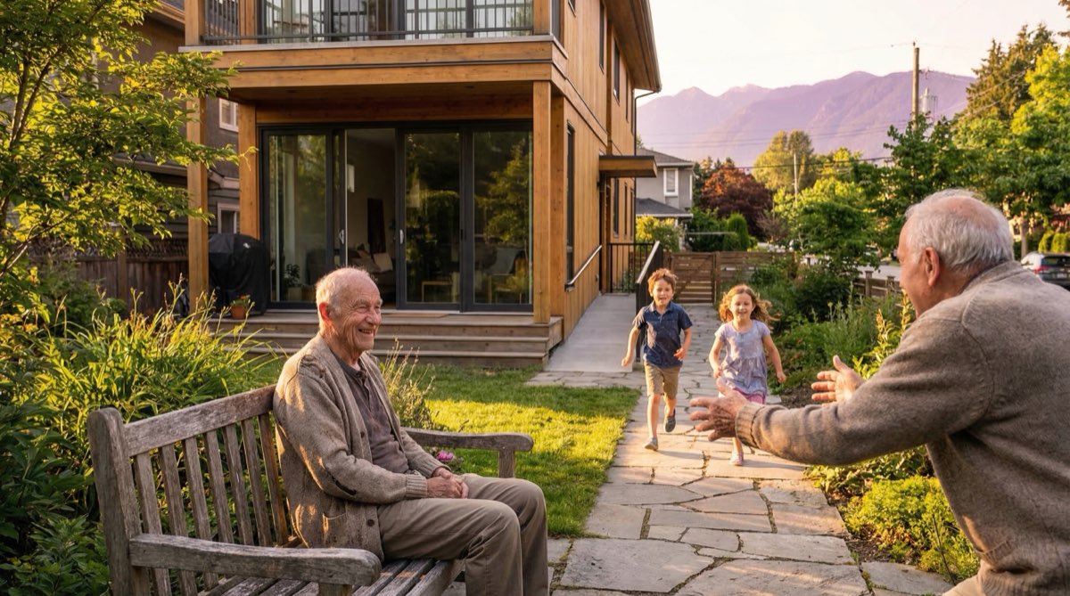 Multigenerational Vancouver family outside modern accessible ground-floor multiplex unit with aging father tending garden and grandchildren nearby