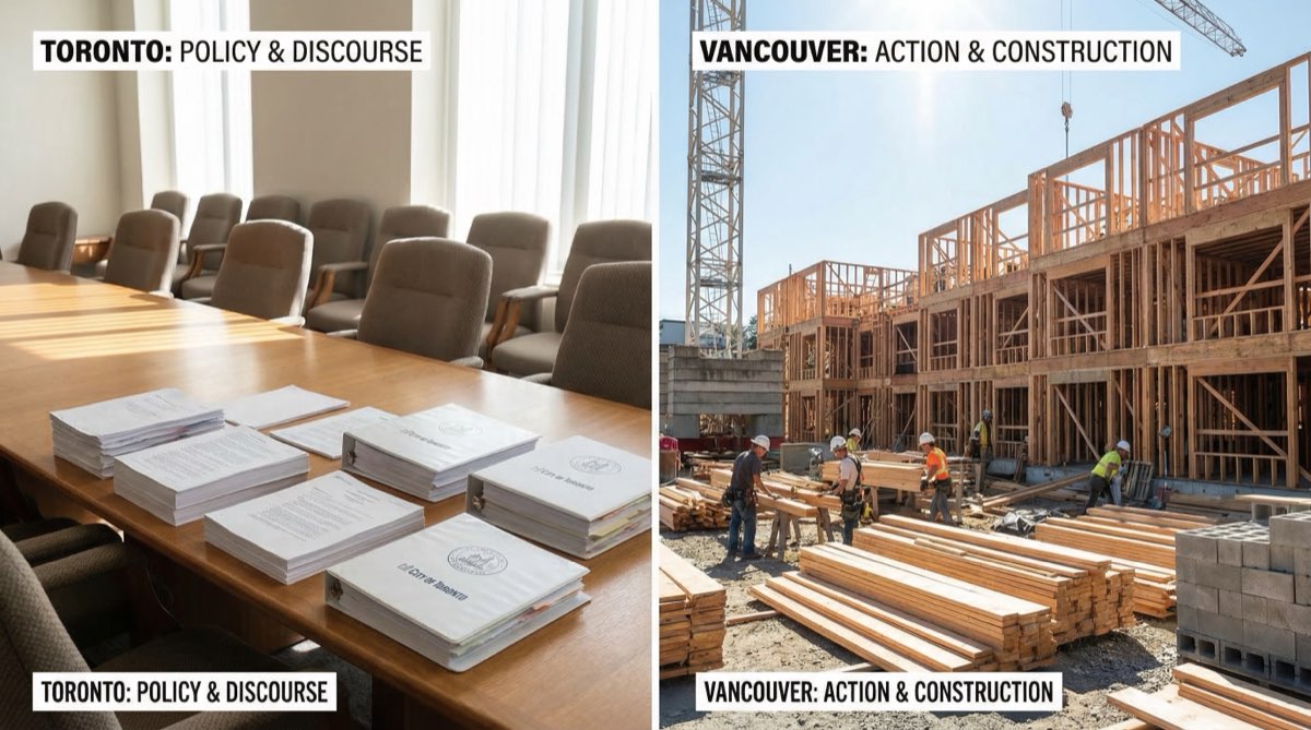 Split view comparing Toronto skyline with Vancouver multiplex construction, illustrating the gap between policy discussion and actual multigenerational housing development