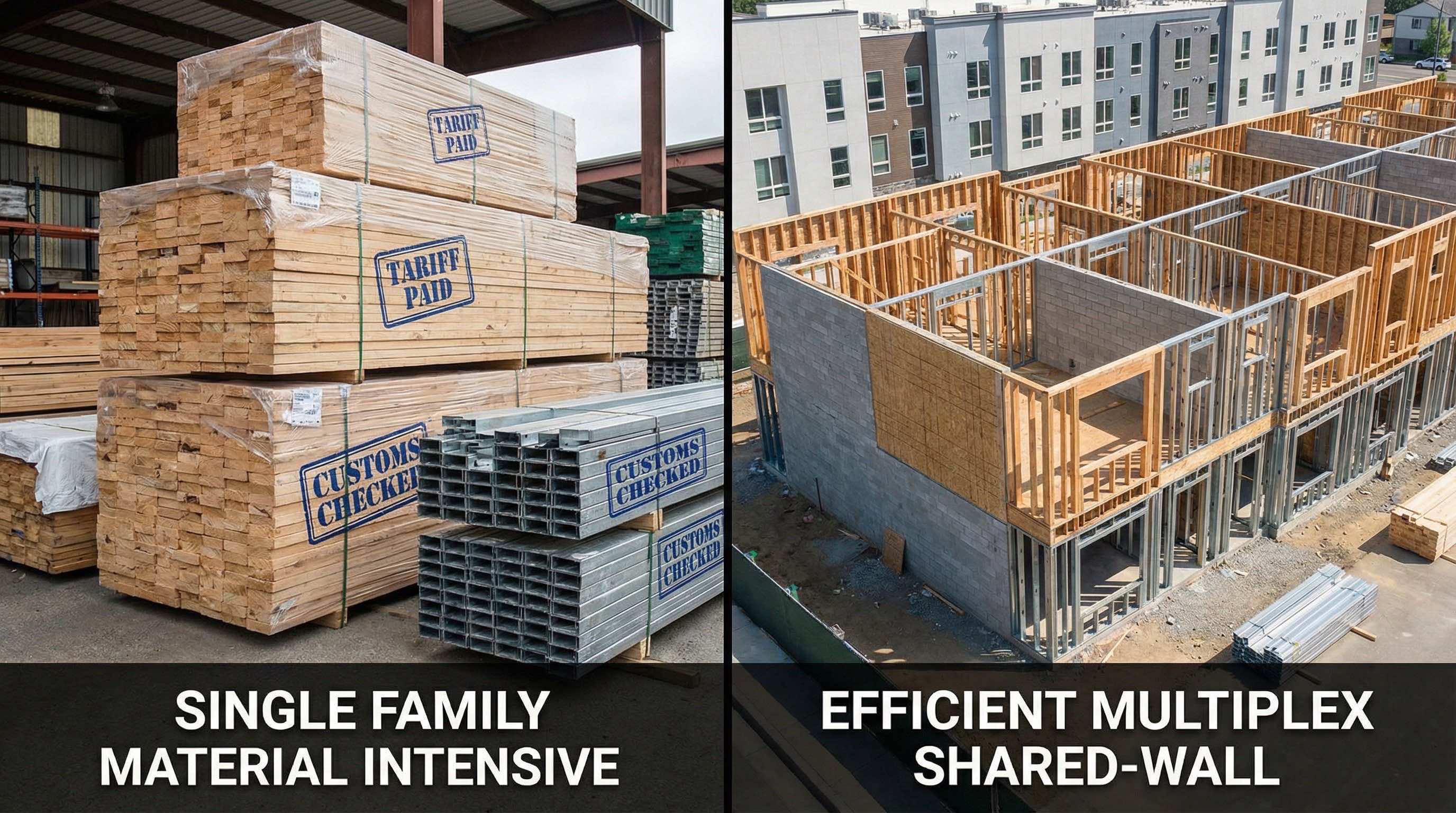 Split comparison of lumber costs and construction materials showing multiplex efficiency versus single-family homes