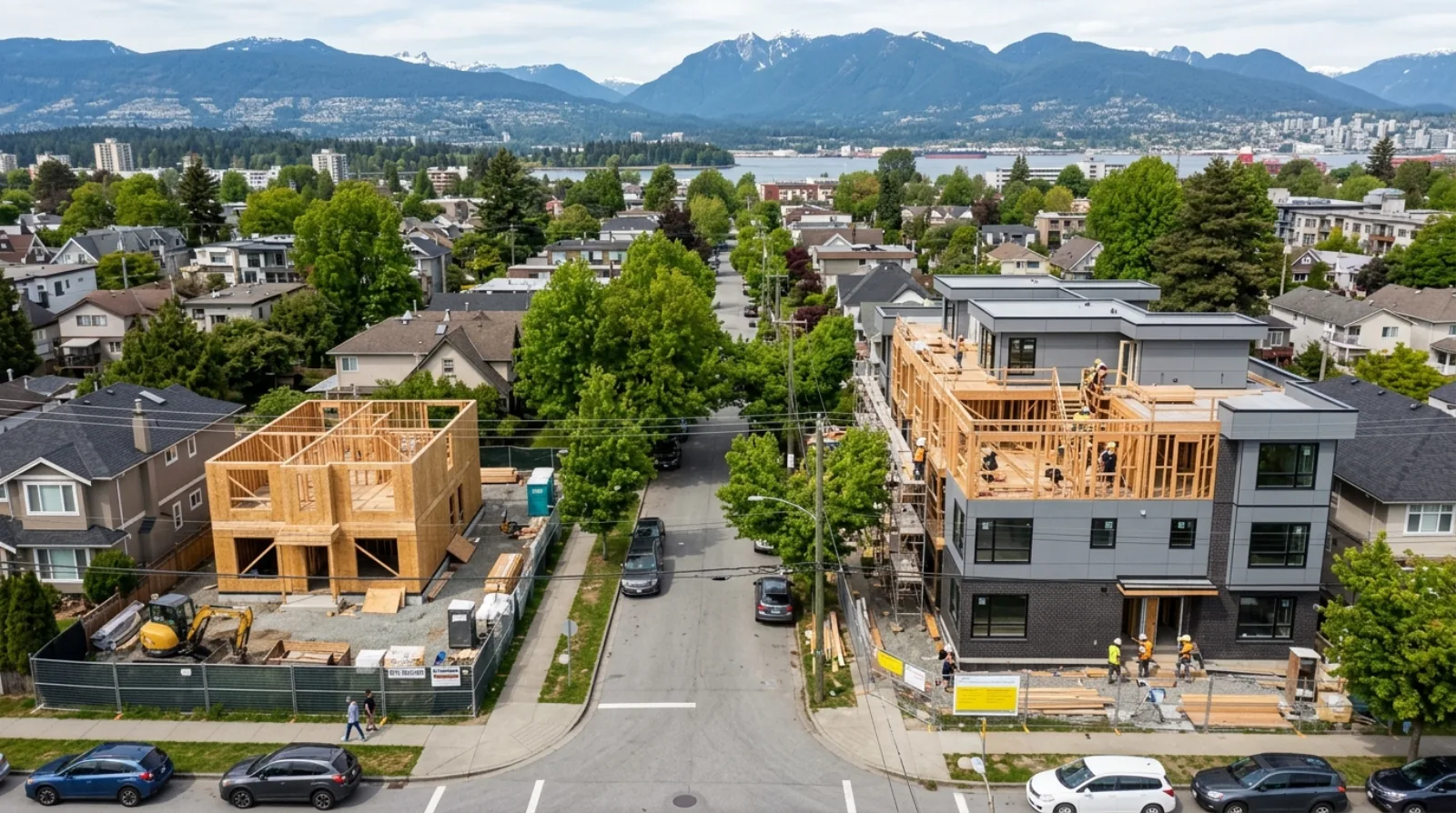 An older detached house beside a newly built multiplex on a Vancouver residential street, the shift the City's building permit statements record between 2022 and 2026