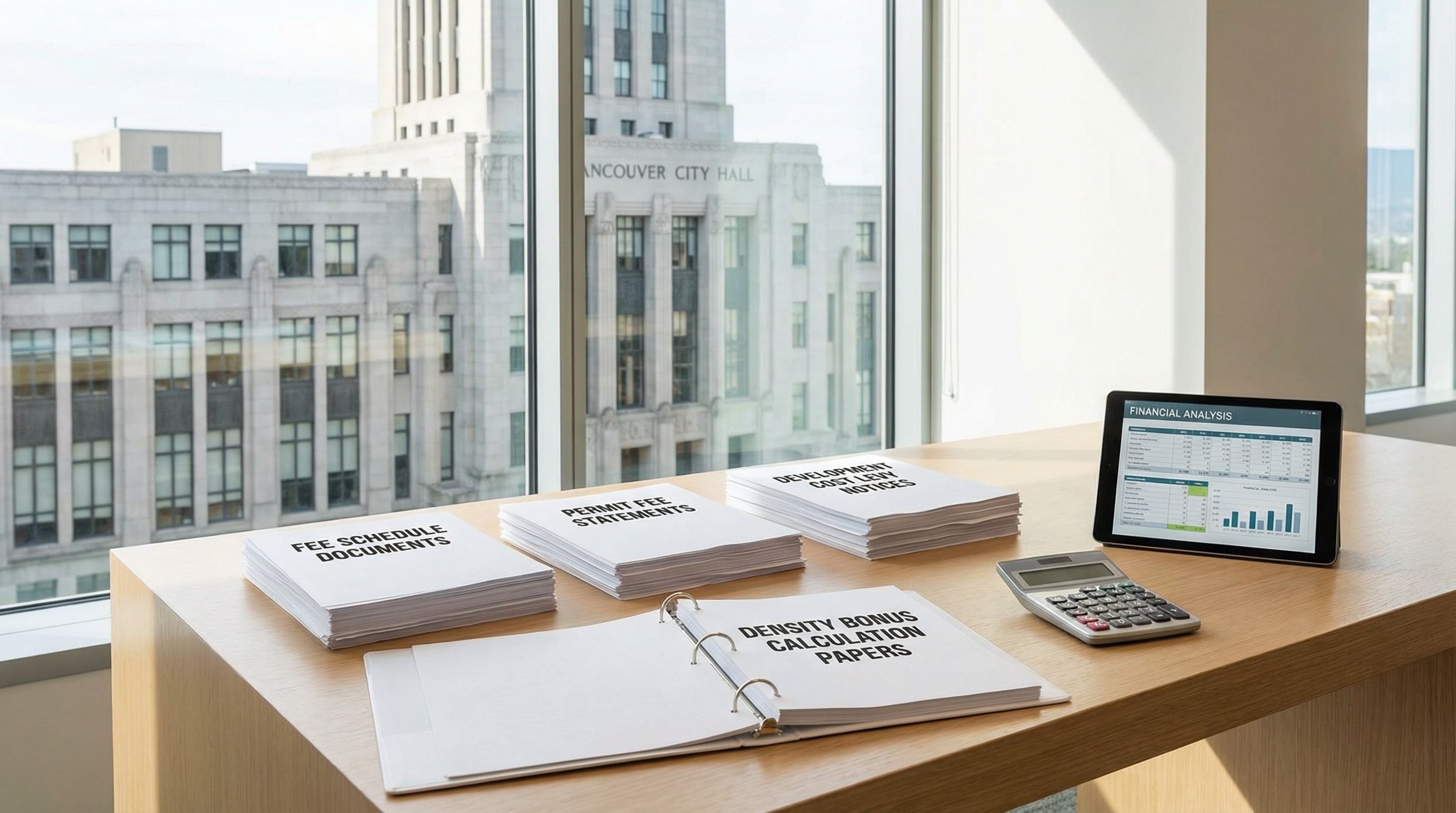 City hall fee documents and calculator showing Vancouver multiplex development cost analysis