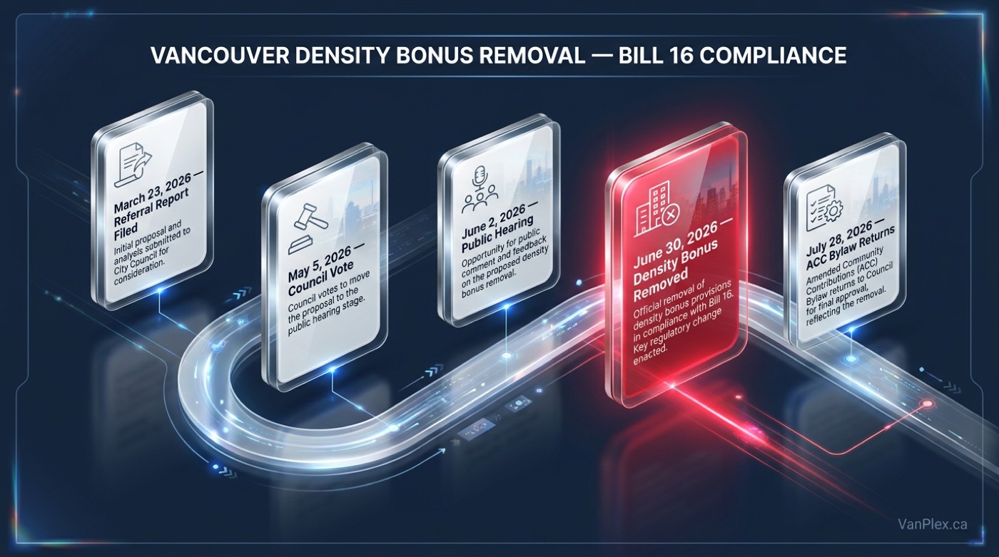 Vancouver density bonus removal timeline showing March 23 referral report, May 5 2026 Council vote, June 2 public hearing, June 30 2026 effective date, and July 28 2026 Amenity Cost Charge bylaw