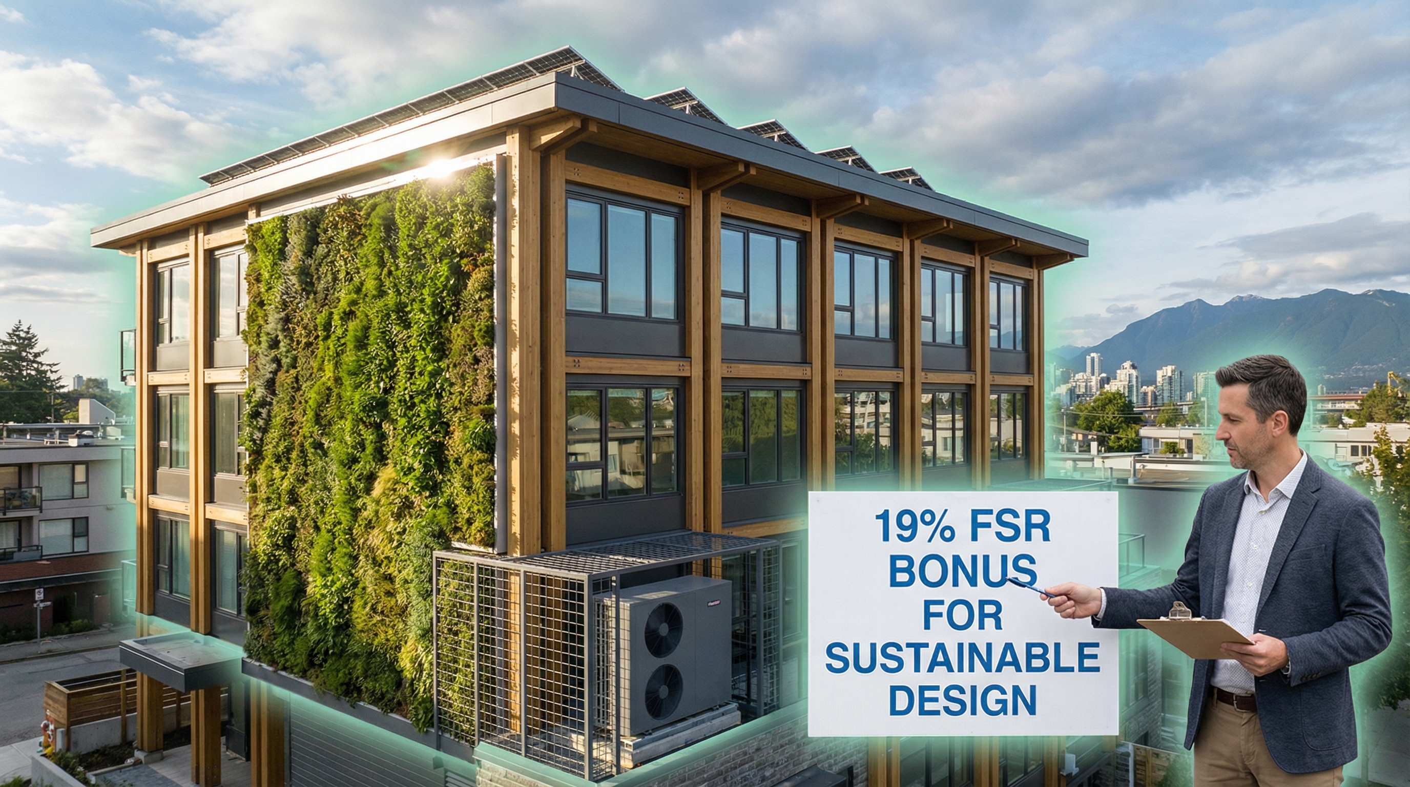 Architectural rendering of a net-zero multiplex building in Vancouver with green design elements and FSR calculation overlay