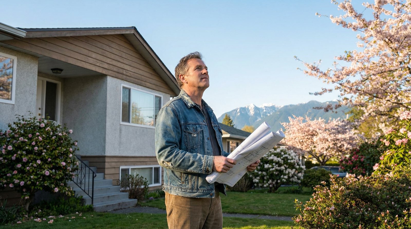 Vancouver homeowner standing in front of their house with blueprints, considering co-development versus selling their lot
