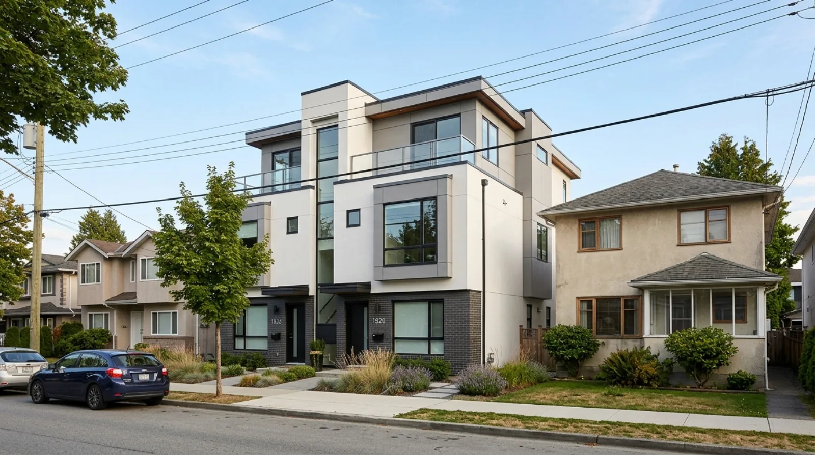 A Vancouver residential street where an older detached house sits beside a newly completed three-storey multiplex with individual ground-level entries, the density that remains legal after Council rejected the Villages Plan