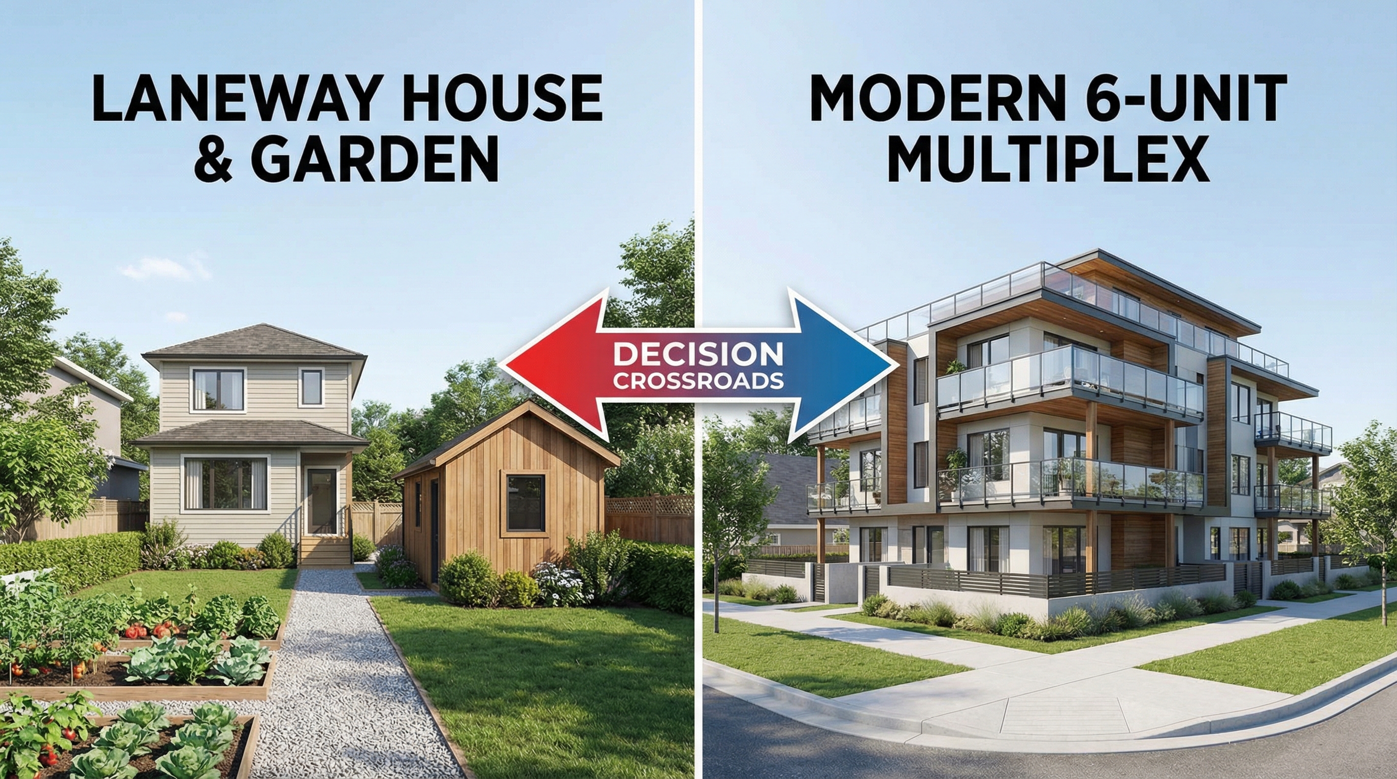 Split view comparing a single-storey laneway house in a Vancouver backyard with a four-unit wood-frame multiplex on the same lot