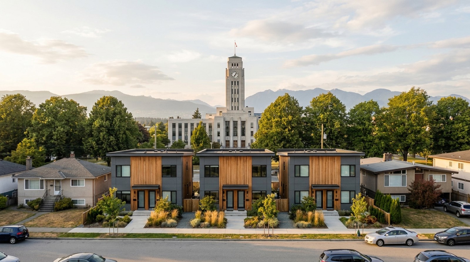 Vancouver city hall framed by a residential street of new multiplex buildings