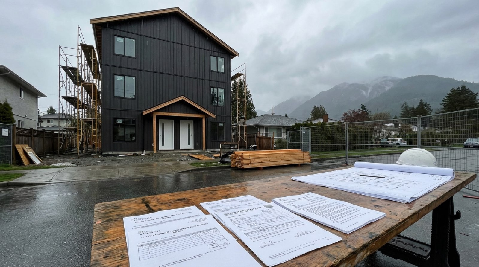 Spreadsheet breakdown of Vancouver multiplex development fees showing DCL, DCC, and density bonus charges on a construction site background
